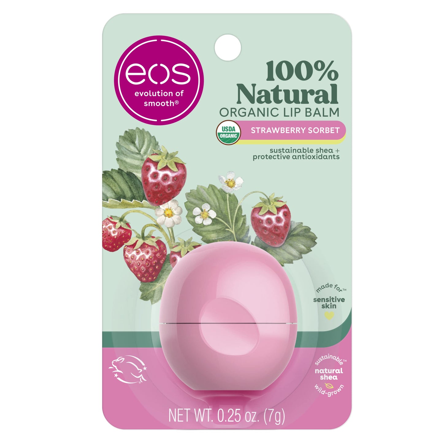 eos 100% Natural & Organic Lip Balm- Strawberry Sorbet, All-Day Moisture, Dermatologist Recommended for Sensitive Skin, Lip Care Products, 0.25 oz (Pack of 2)