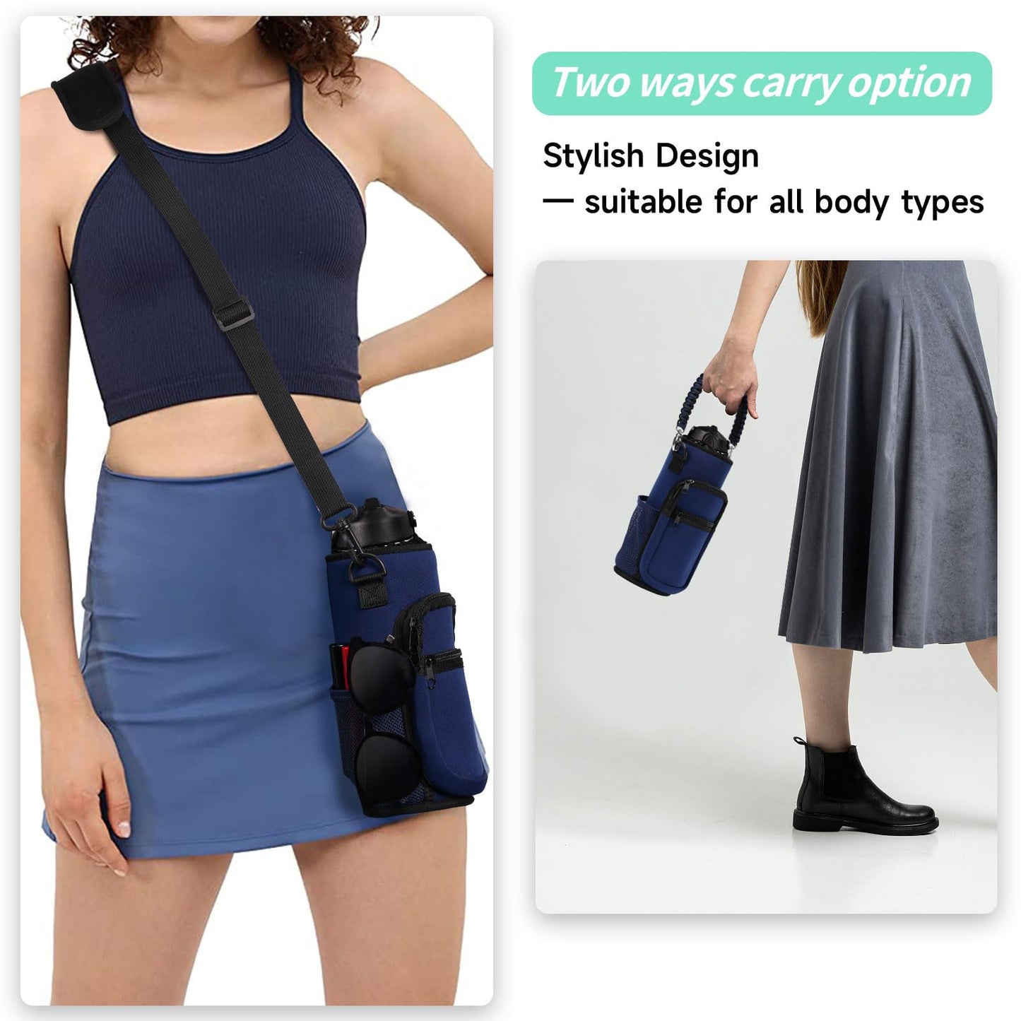 AceTreker Water Bottle Carrier Bag, 32 oz/ 40 oz Water Bottle Sleeve with Paracord Hanlde & Strap, Neoprene Insulated Metal Canteen Pouch Holder with Phone Pocket for Gym, Sport, Fishing-Navy