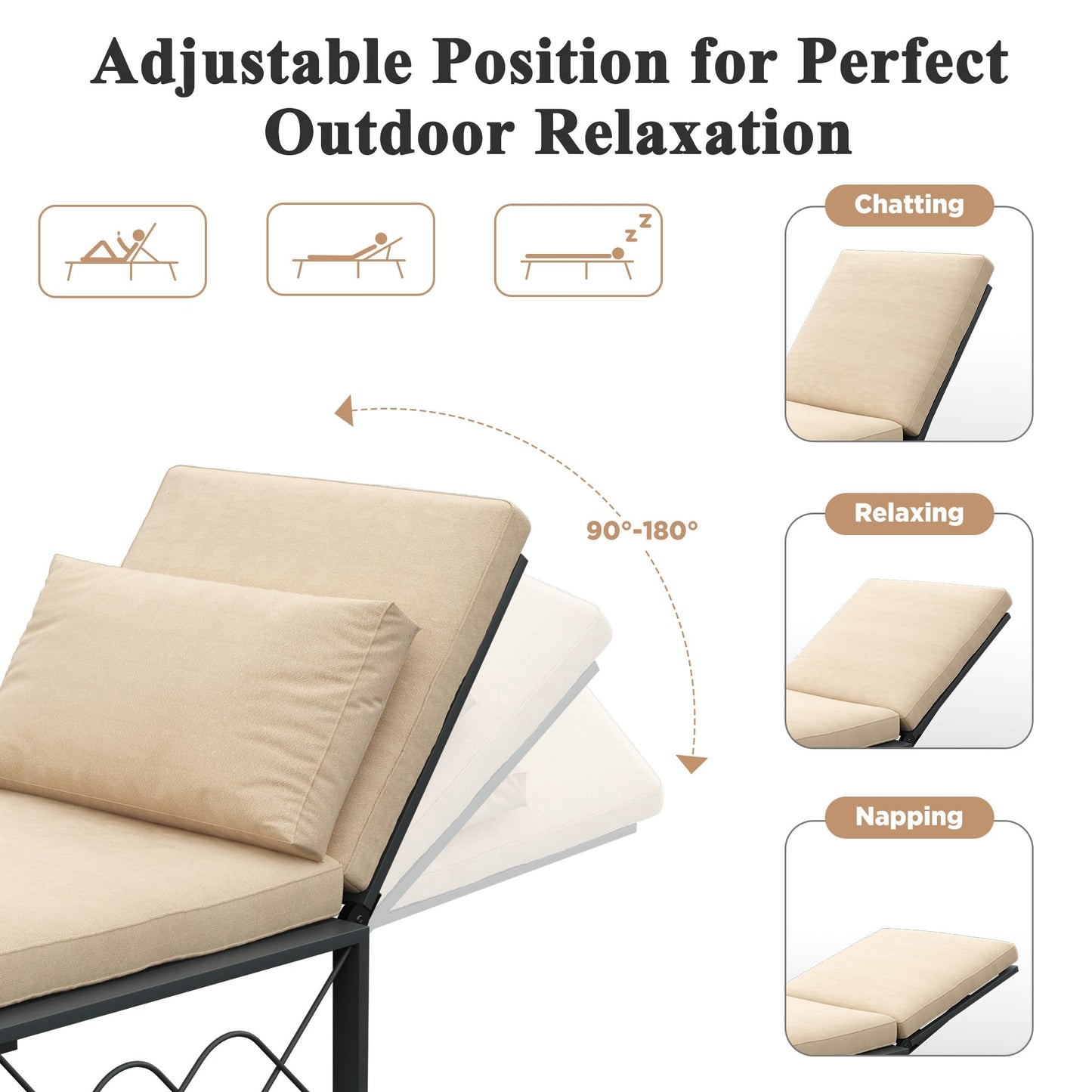 AECOJOY Outdoor Metal Chaise Lounge Chair Set of 2, Patio Convertible Armchair with Cushions, Adjustable 5-Position Recliner with Full Flat Tanning Function for Outside, Pool, Beige, 2 Pack