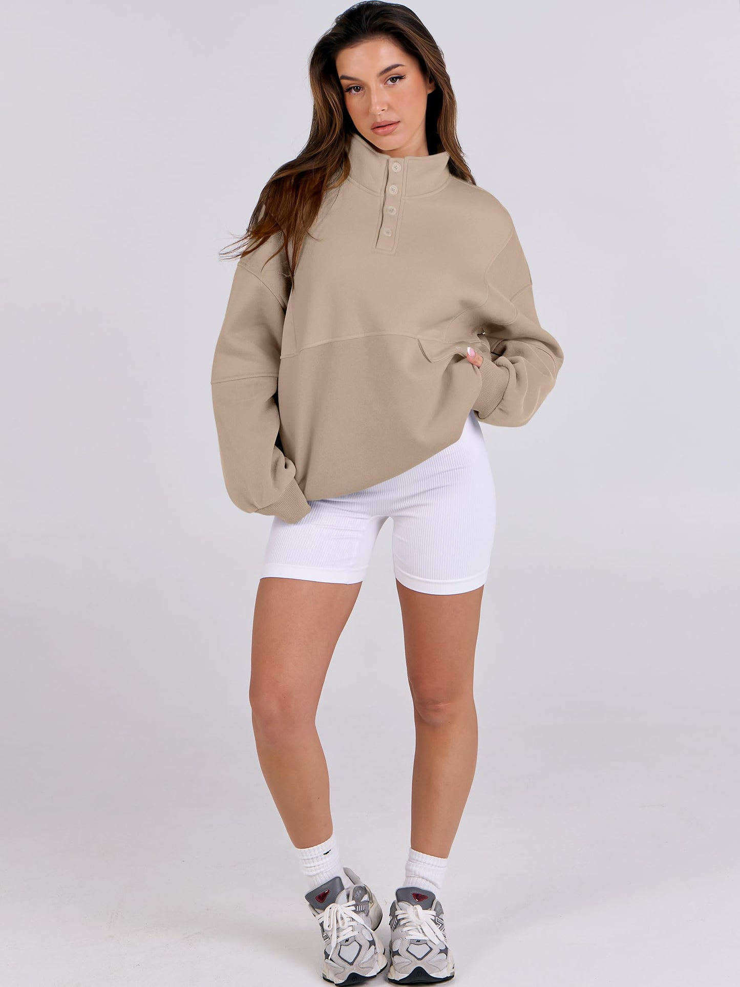 ANRABESS Women Oversized Sweatshirts Long Sleeve Color Block/Solid Button Fleece Pullover Hoodie 2024 Winter Cute 90s Outfit Khaki Medium