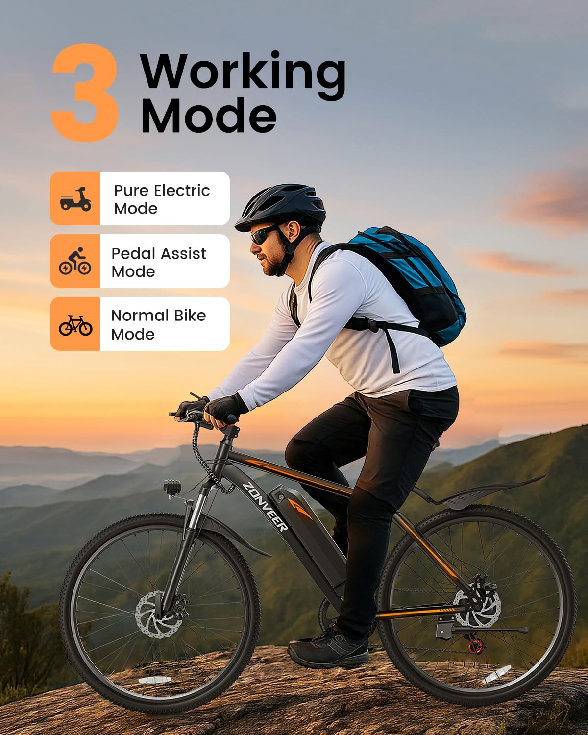zonveer 26" Electric Bike for Adults, 36V/10AH Removable Battery, Peak 500W Brushless Motor, 20MPH 40 Miles Commuting Range, Front Fork Suspension, Shimano 7 Speed, UL2849