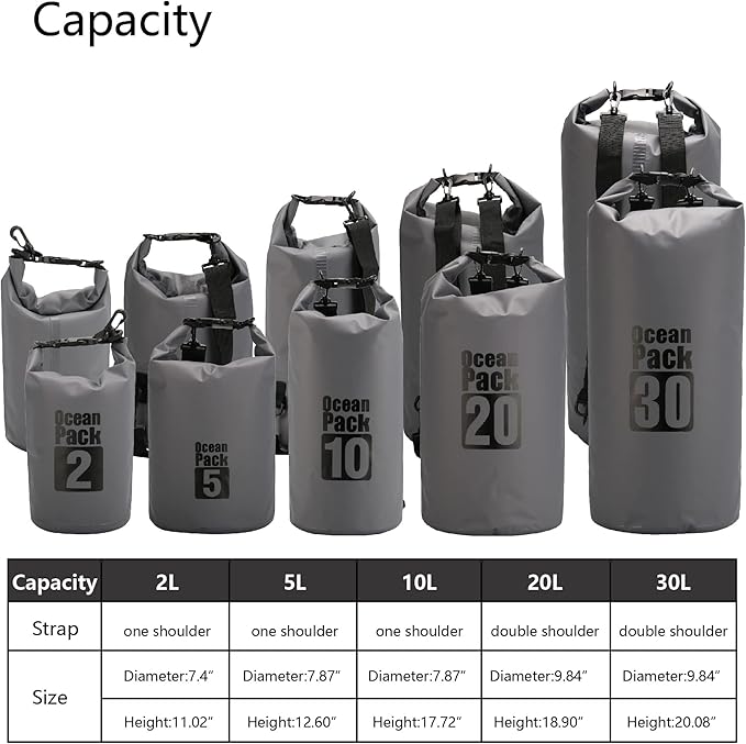 Dry Sack/Floating Waterproof Bag 2L/5L/10L/20L/30L for Boating, Kayaking, Hiking, Snowboarding, Camping, Rafting, Fishing and Backpacking