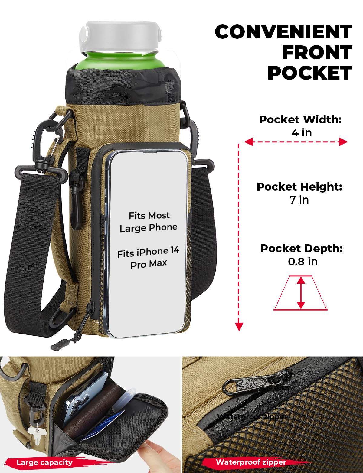 KEMIMOTO Water Bottle Holder Bag, Water Bottle Carrier with Adjustable Shoulder Strap, Water Bottle Pouch Holder for Hiking, Camping, Fishing, Compatible with YETI STANLEY SLM 32 oz, 40 oz, 64 oz