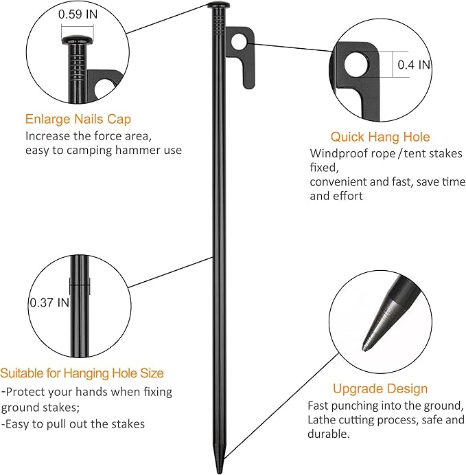 8 Pack Tent Stakes Heavy Duty Metal Tent Pegs for Camping Steel Tent Stakes 16 inch Unbreakable and Inflexible