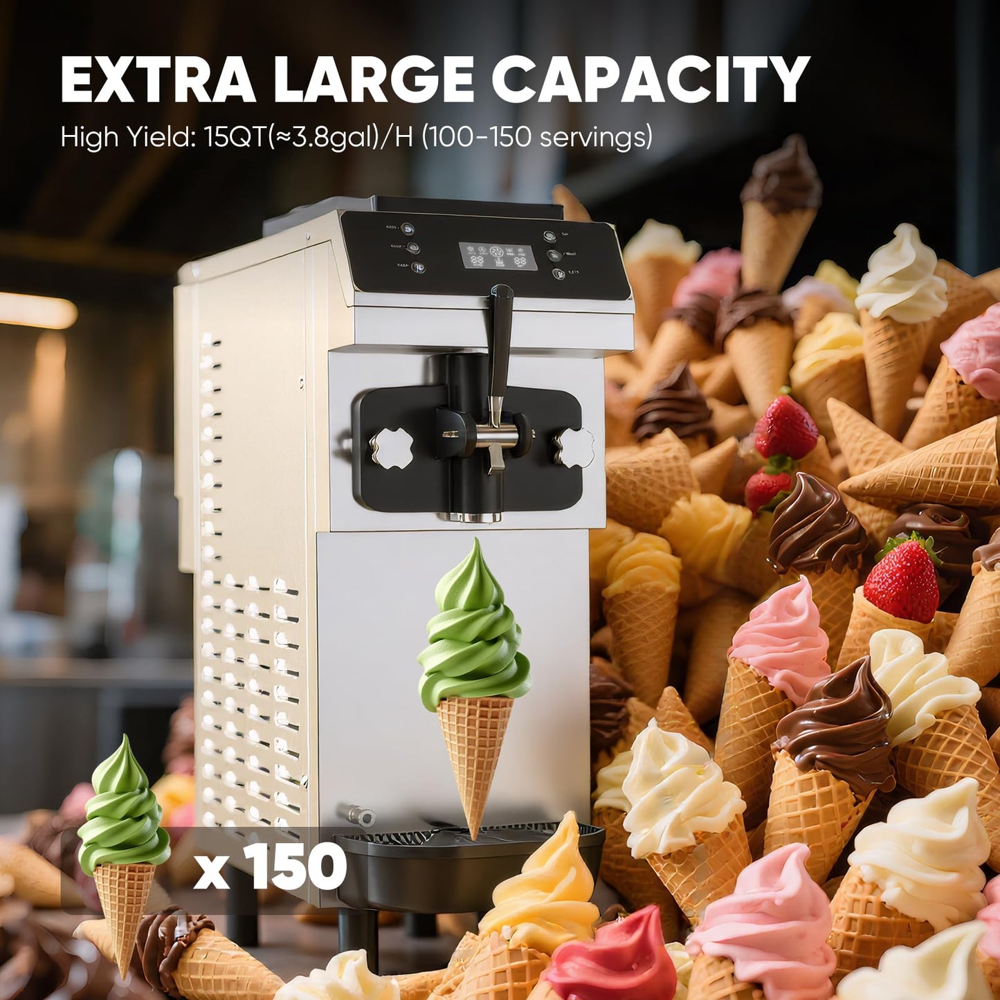 15 QT(≈3.75gal)/H Commercial Ice Cream Maker Machine,100-150 servings, 4.3L 304 Stainless Steel Bowls, 1.6L Freezing Tank, Soft Serve Frozen for Startups & Home Businesses