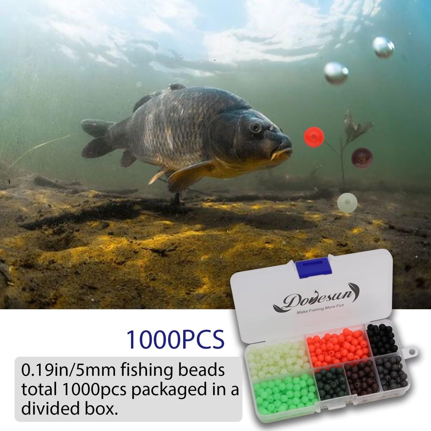 Dovesun Soft Rubber Fishing Beads Fishing Accessories Fishing Bait Eggs 7 Colors Round Fishing Beads with Fishing Tackle-Box 0.19in(1000pcs)