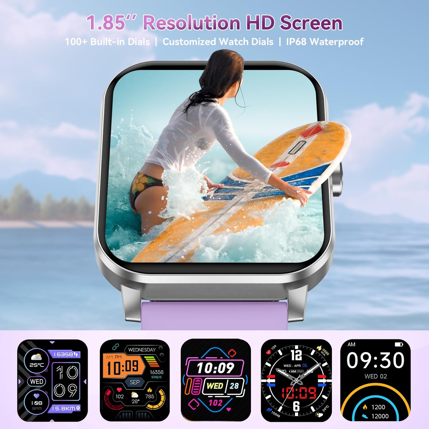 Smart Watch, 1.85" HD Smartwatch for Men Women (Answer/Make Calls), Fitness Watch with Heart Rate/Sleep/IP68 Waterproof/120+ Sports Modes, Pedometer, Android Smart Watch for Android iOS (Purple)
