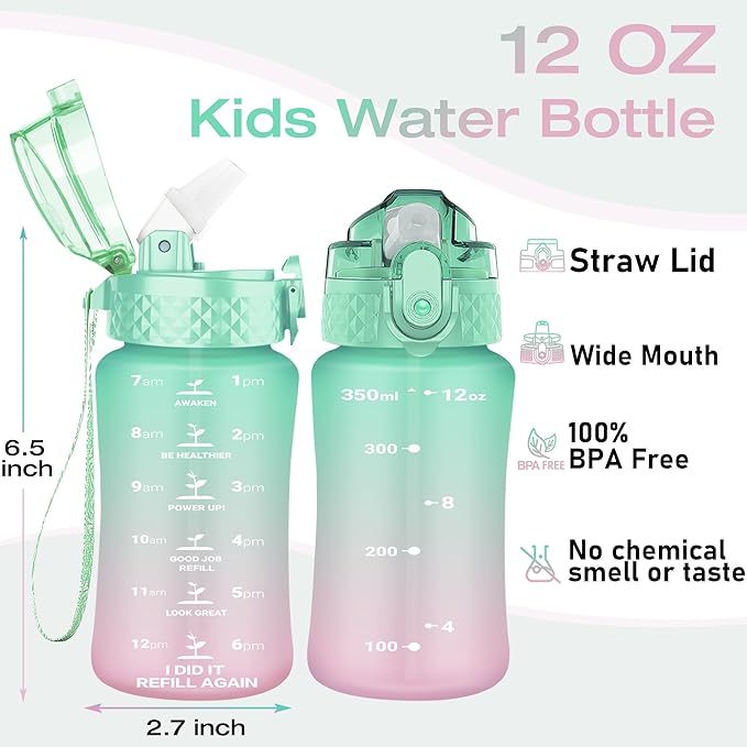 OLDLEY Kids Water Bottle for School, 12 oz (Straw Lid) BPA-Free Reusable Leak-proof Durable Tritan Plastic Water Bottles with One-handed Opening Straw Lids, Anti-dust Spout Cover (Mintpink)