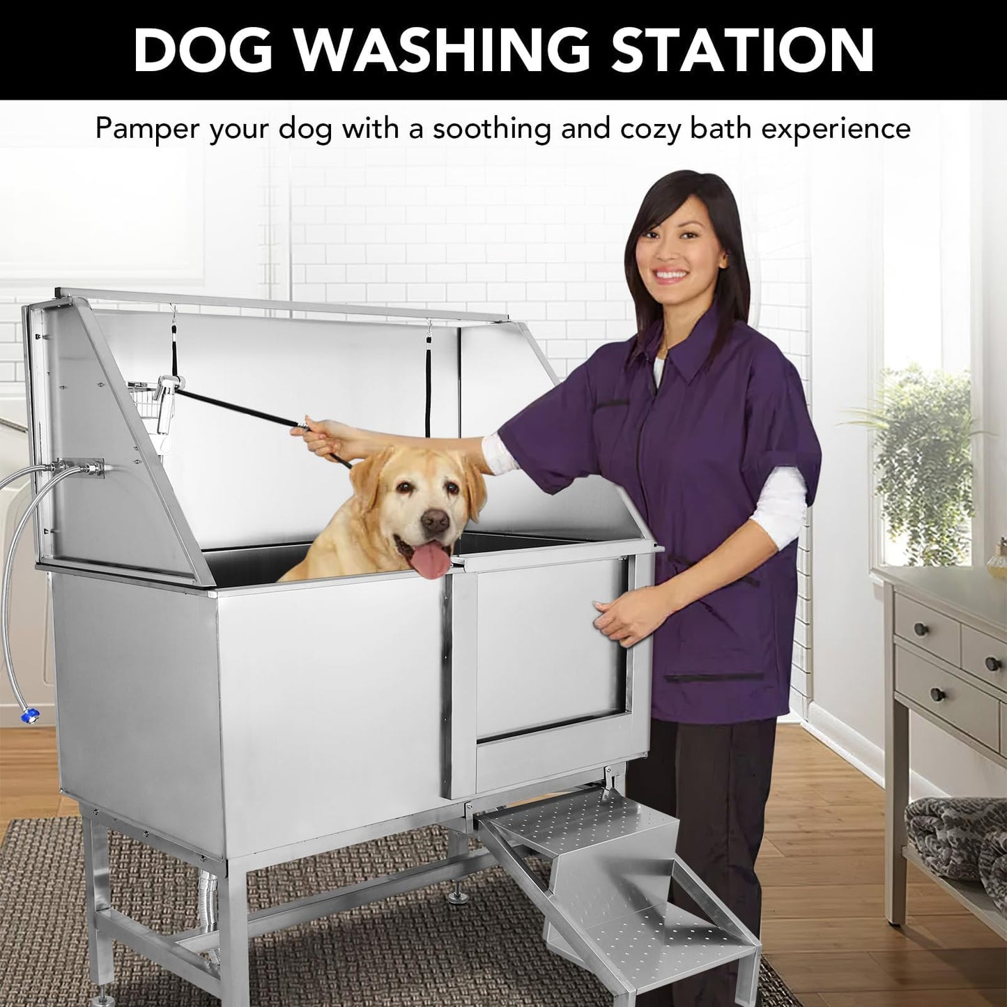 50" Pet Grooming Bathing Station, Professional Stainless Steel Dog Grooming Tub w/Removable Ramp, Storage Drawer, Floor Grate, Stairs Faucet, Dog Bathtub for Large, Medium & Small Pets, Right Door