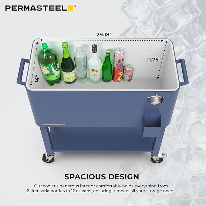 Permasteel Party Cooler with Removable Basin, Spacious 80-Qt Capacity, Rolling Ice Chest for Indoor and Outdoor Entertainment Azure + Bonus Cover
