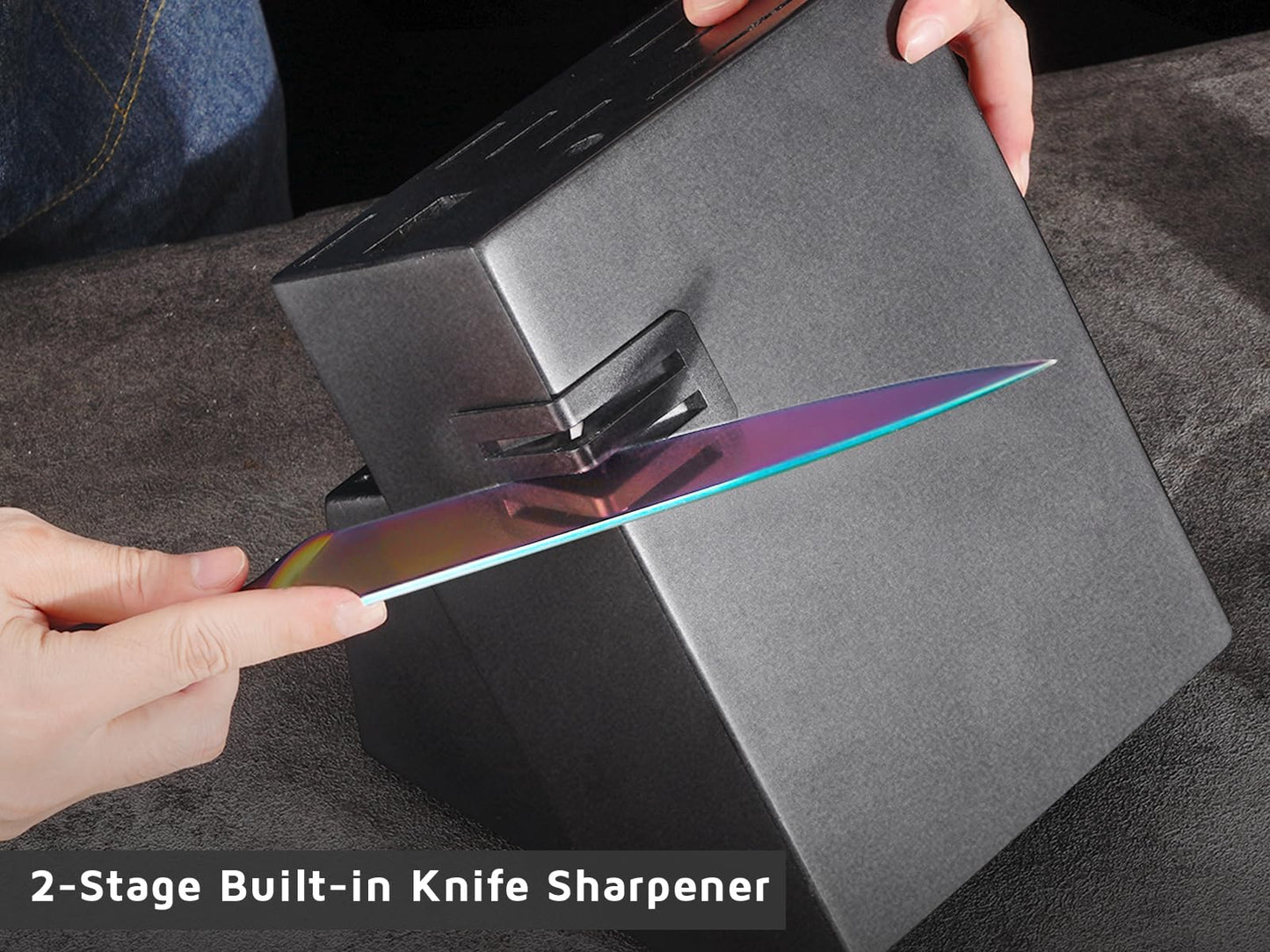 Rainbow Knife Block Set 27-Piece, Iridescent German Stainless Steel Kitchen Knives Set with Wooden Holder, Colorful Titanium Coating, Include Scissors and 2-Stage Built-in Sharpener and 8pcs Gadgets
