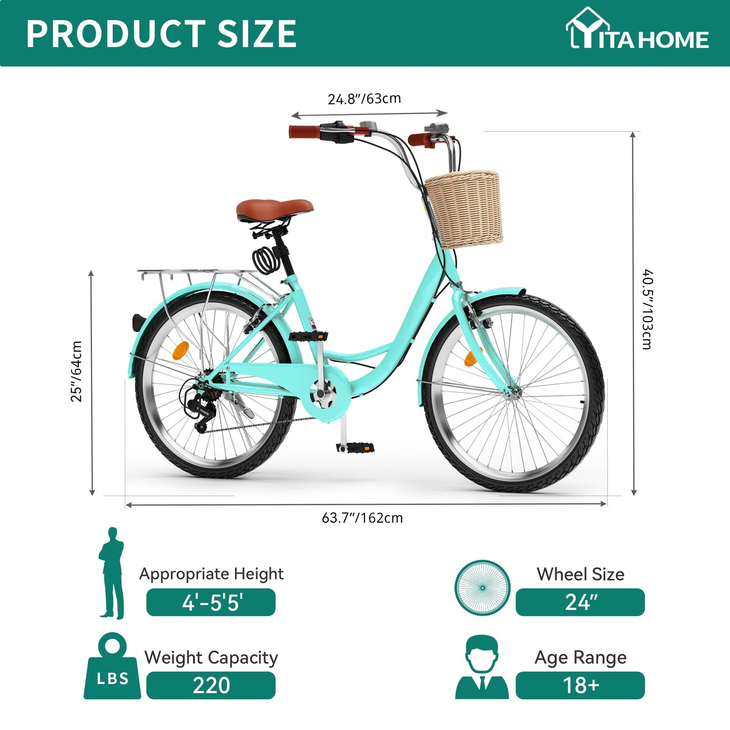 YITAHOME 24 & 26 Inch Beach Cruiser Bike for Women, 1 & 7 Speed Commute Bike for Adults, Womens Bicycle with Adjustable Seat, Multiple Color
