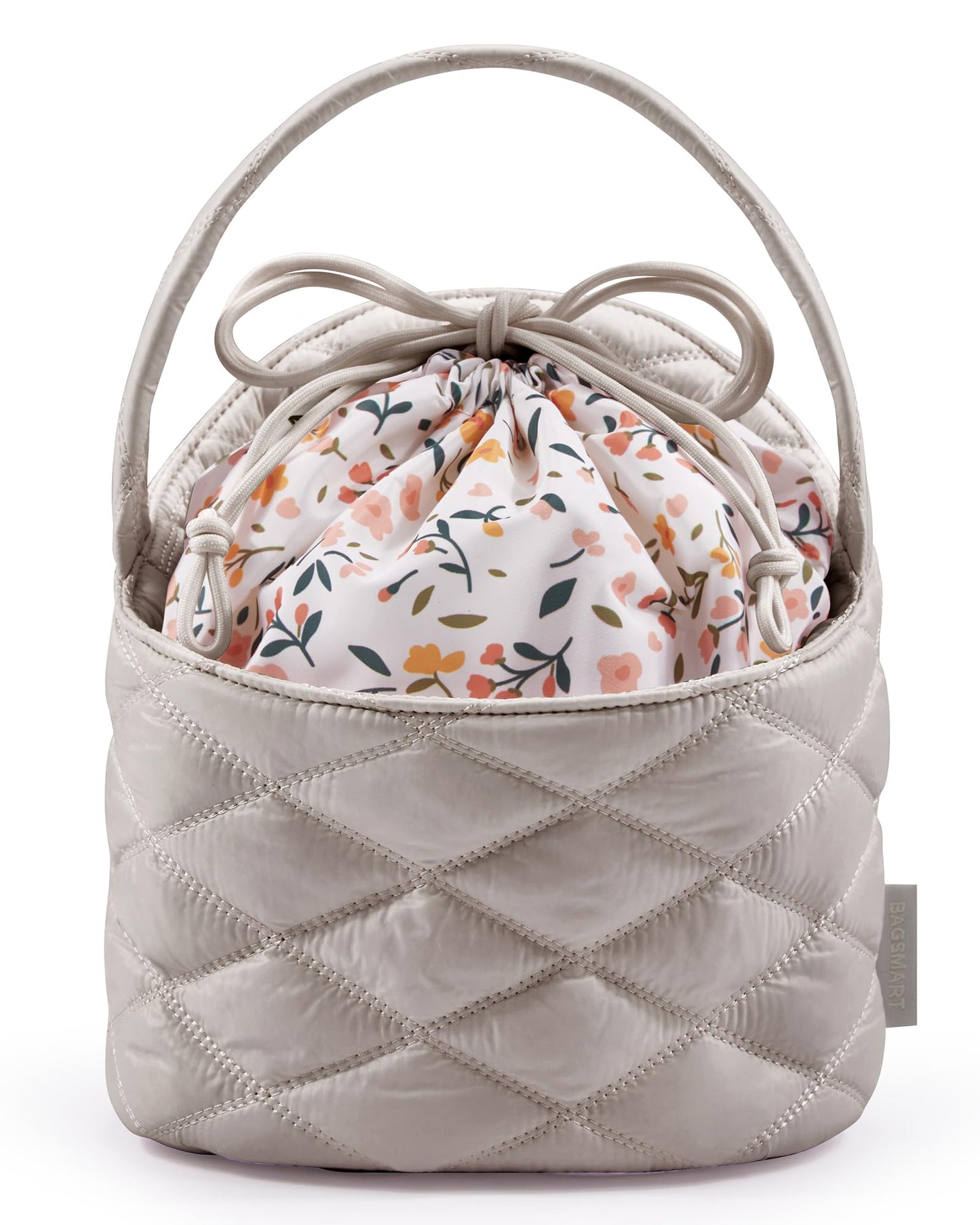 BAGSMART Barrel Drawstring Makeup Bag, Travel Toiletry Bag, Large Cosmetic Bag, Portable Make Up Bags for Women Toiletries Accessories Brush, Khaki