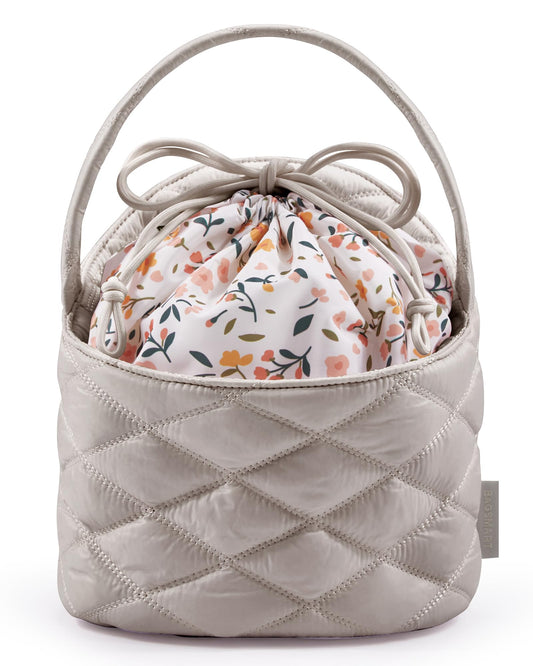 BAGSMART Barrel Drawstring Makeup Bag, Travel Toiletry Bag, Large Cosmetic Bag, Portable Make Up Bags for Women Toiletries Accessories Brush, Khaki