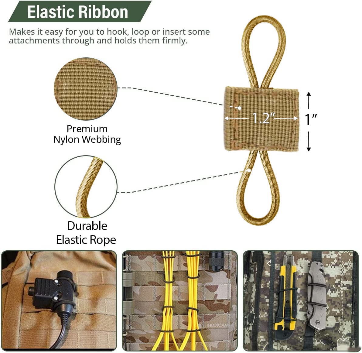 GearHill Molle Attachments, Tactical Backpack Accessories, Molle Webbing Binding Ribbon Multipurpose Tactical Bag Molle Accessories (3 Size Kit, Tan)