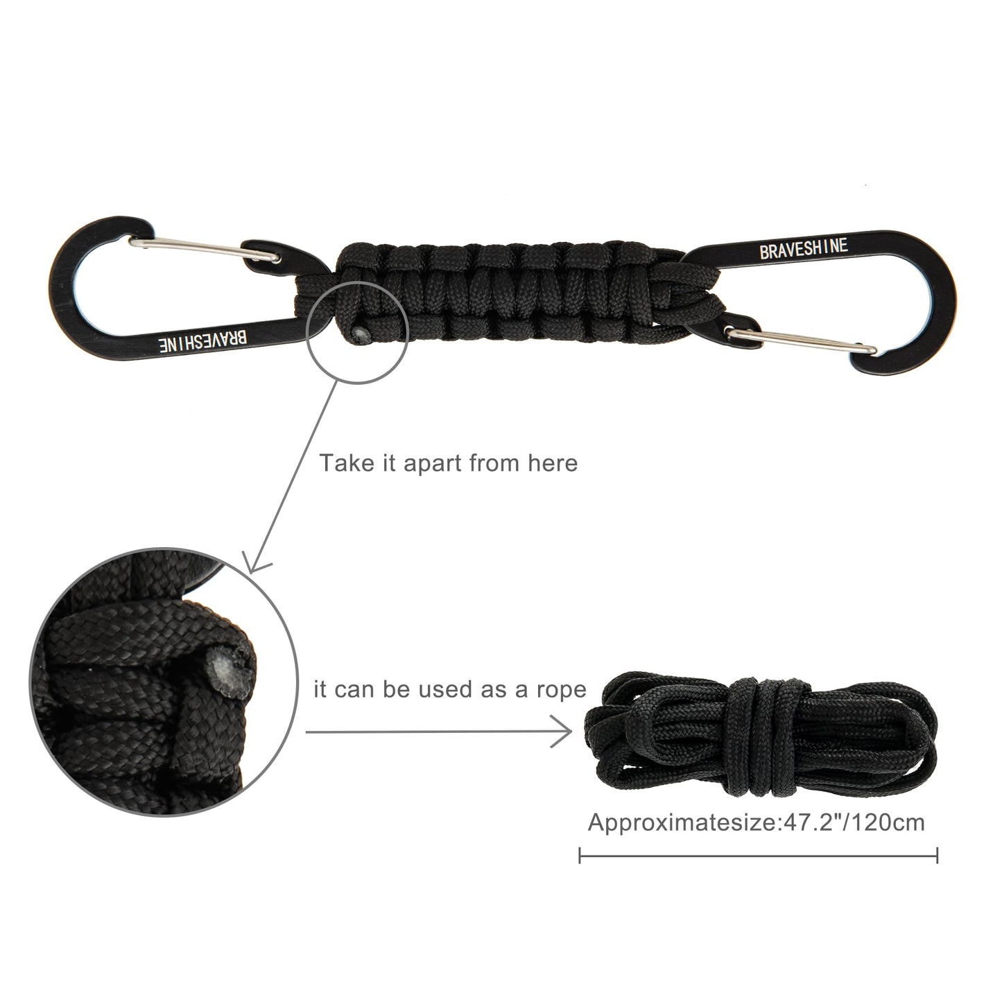 BRAVESHINE 2 Pack Paracord Keychain Hook D Ring Carabiner Clips for Water Bottle, Key, Backpacks, Boys, Girls, Men, Women - Orange