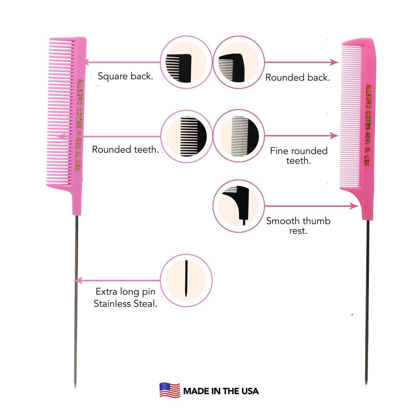 Allegro XL Pintail Rat Tail & Parting Combs - Metal Tail Foiling & Pin Combs (2 Pc., PINK)