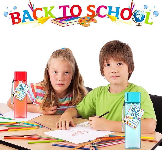 Olgaa 16 Sets Back to School Supplies Gifts for Students from Teacher Water Bottles Bulk Set for Kids 16oz with Card Reusable Portable Plastic Sports Drink Water Bottles Bulk for School Classroom