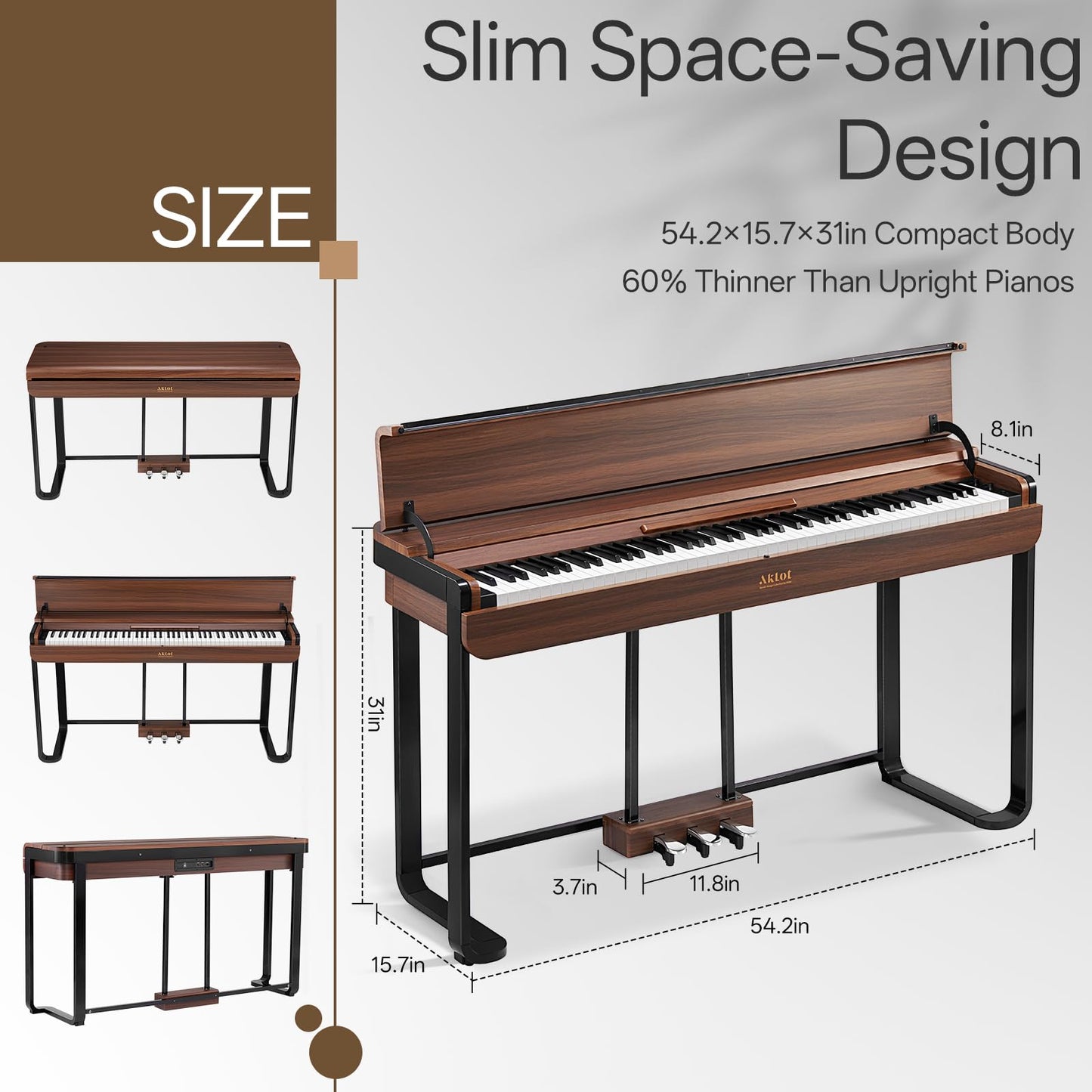 AKLOT Modern Weighted Keyboard Piano: 88-Key Graded Hammer Action Digital Piano, Silent Soft-Fall Cover, U-Stand, Triple Pedal, MIDI, Headphone, Beginner Lesson Book (AUR-LS03 Satin Walnut)