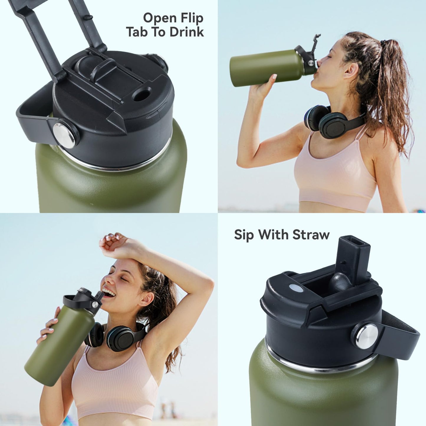 Kerilyn Stainless Steel Insulated Water Bottle, 40oz Double Wall Vacuum Insulated Water Bottle Leak Proof with Silicone Straw, Wide Mouth Lid, BPA Free, Keep Cold and Hot, 40oz, Army Green