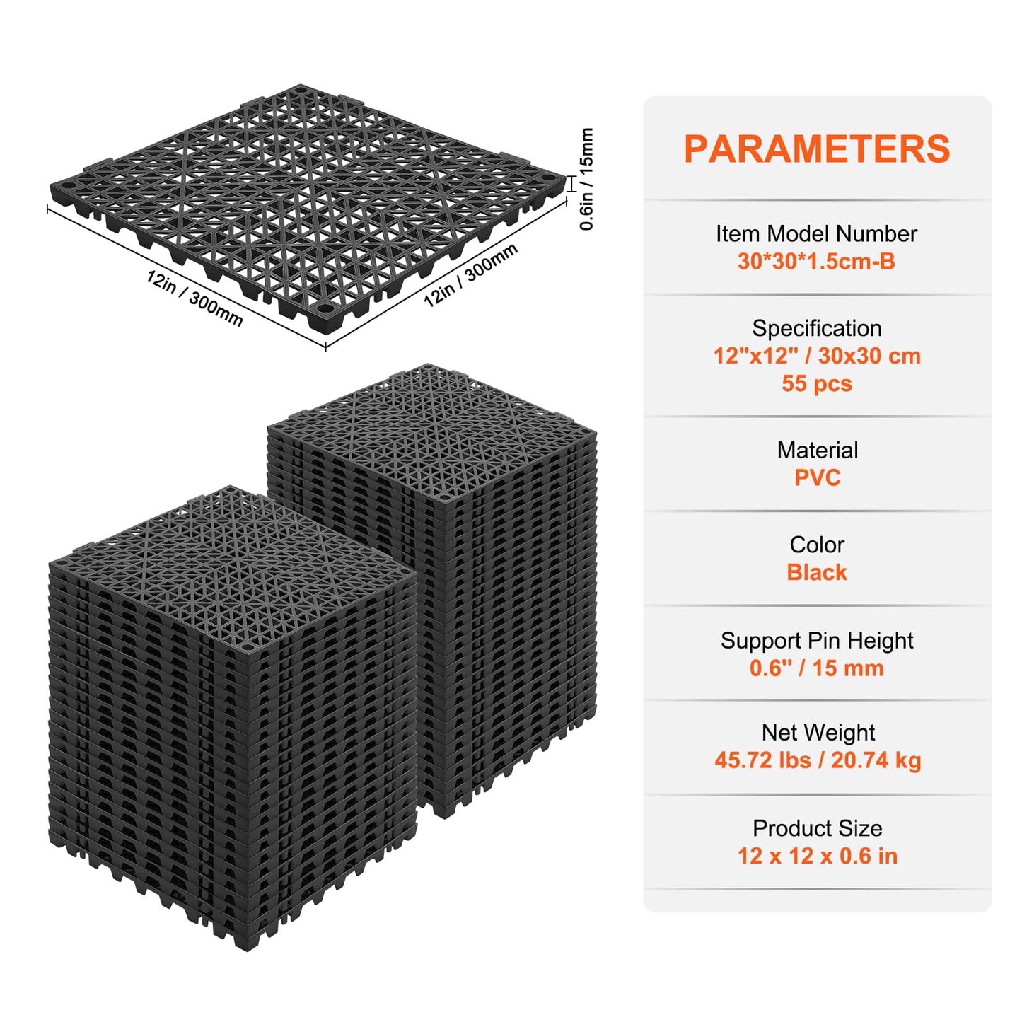 VEVOR Interlocking Tile 55PCS Black, Drainage Tiles 12" x 12" Splicing, Soft PVC Interlocking Drainage Floor Tiles, Non-Slip Drainage Holes for Restroom, Bathroom, Kitchen, Pool, Wet Areas