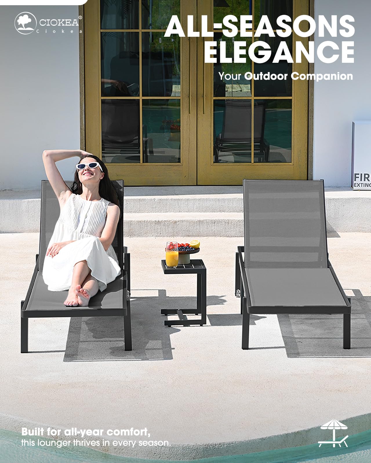 Aluminum Chaise Lounge Chair Outdoor with Wheels, Patio Lounge Chair with Adjustable 5-Position Recliner and Full Flat Tanning Chair for Patio, Beach, Pool, Grey
