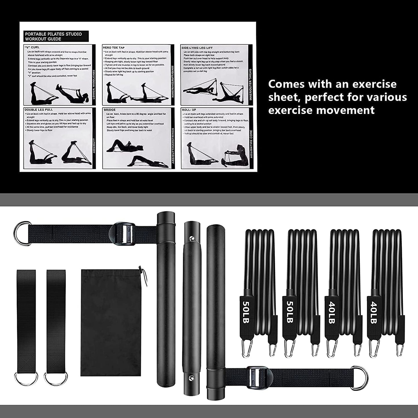 Pilates Bar Kit with Resistance Bands(4 x Bands),3-Section Pilates Bar with Stackable Bands Workout Equipment for Legs,Hip,Waist and Arm,Adjustable Pilates Flexbands Kit Home Gym Yoga Pilates Black