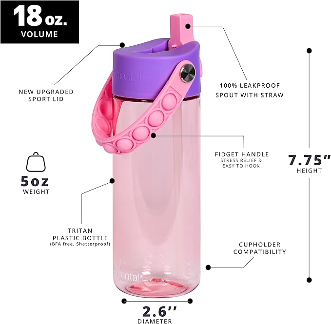 Elemental Leak Proof Water Bottles for Kids - Splash Kids Water Bottle for School with Fun Fidget Pop-it Handle - Tritan Plastic Water Bottle with Straw - Mermaid & Rose - 18oz (2 Pack)