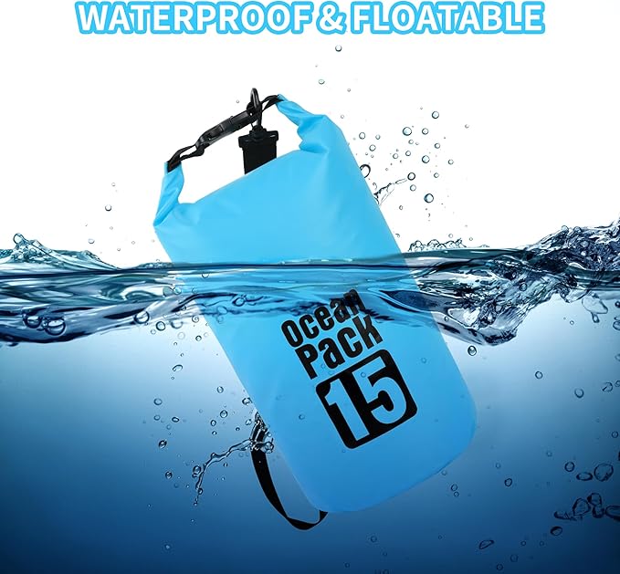 Dry Bag Waterproof for Women Men,15L Rolled Lightweight Dry Storage Bag Backpack with Phone Case for Travel,Swimming,Boating, Kayaking,Camping & Beach,Lake Blue