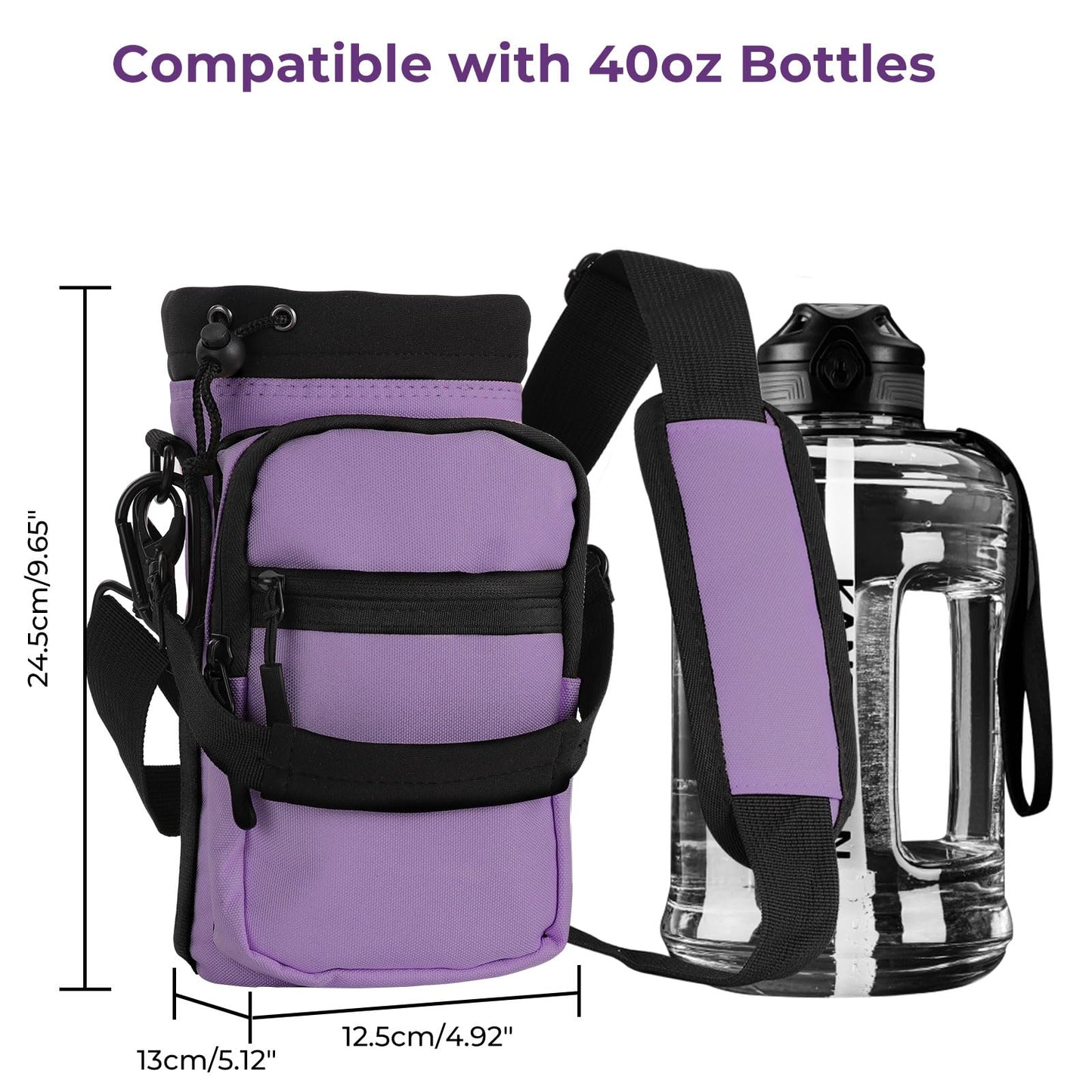 Nuovoware Water Bottle Carrier, 40oz Bottle Carrier Sports Water Bottle Holder with Adjustable Shoulder Strap, 2 Pockets Flask Sling Bag Drawstring Pouch for Climbing Hiking Walking, Purple