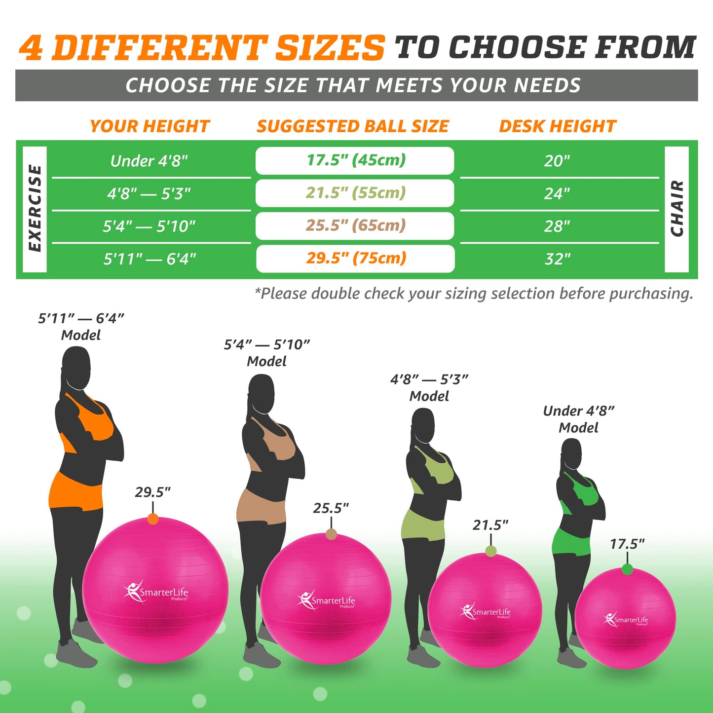 SmarterLife Workout Exercise Ball for Fitness, Yoga, Balance, Stability, or Birthing, Great as Yoga Ball Chair for Office or Exercise Gym Equipment for Home, Non-Slip Design (45 cm, Fuchsia)