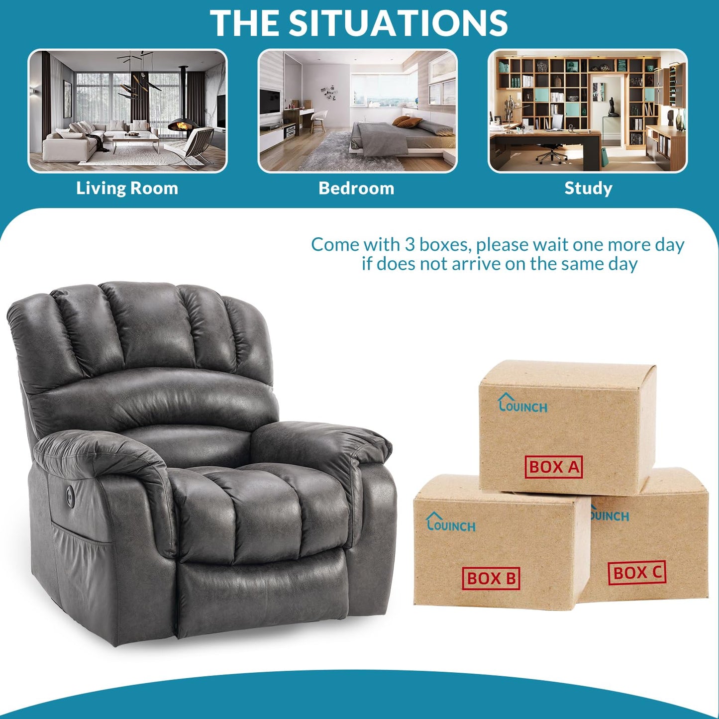 OUINCH Large Dual Motor Lay Flat Sleeper Power Lift Recliner Chair for Elderly with Heat and Massage, 2 Remote Controls, 2 USB Ports & 2 Side Pockets, Infinite Position (Grey)