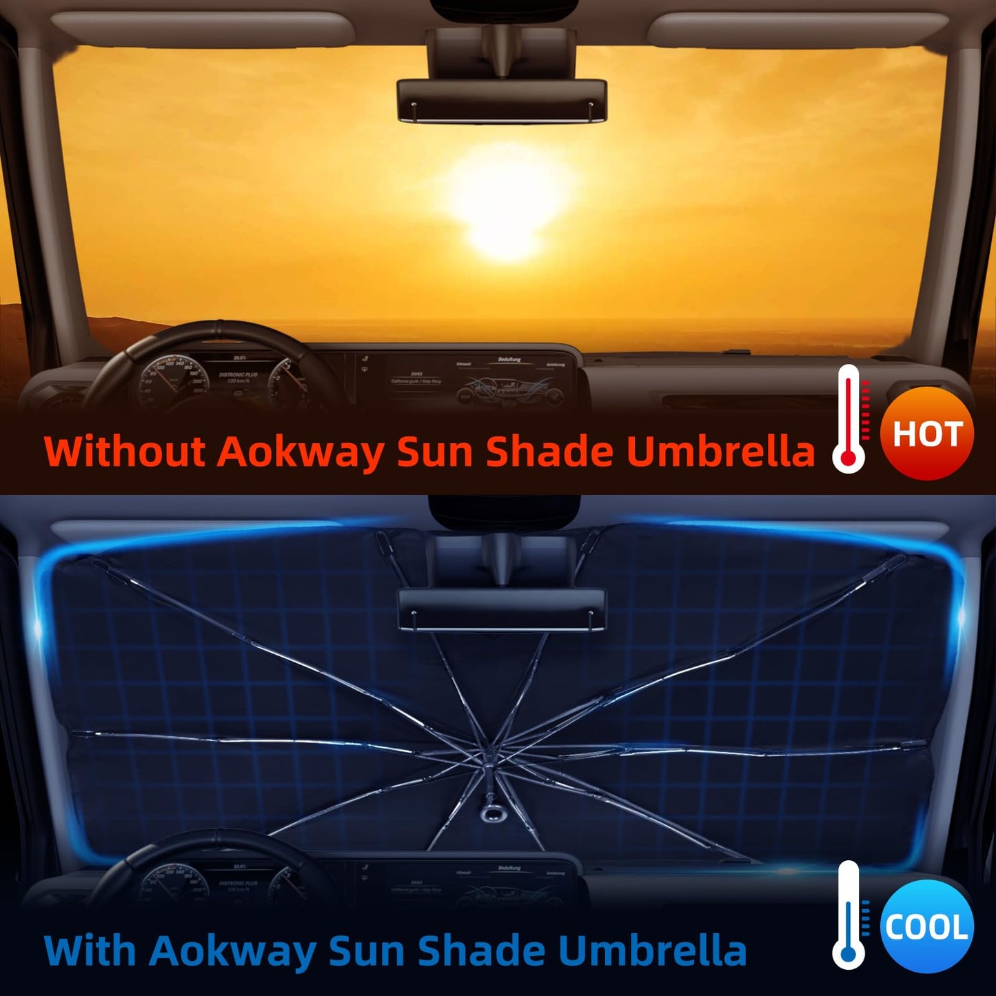 AOKWAY Windshield Sun Shade Umbrella, Foldable Car Sunshade with UV Blocking - Protect Car from Sun Rays & Heat Damage Keep Cool and Protect Interior,Medium (59.1" L x 32.2" W)