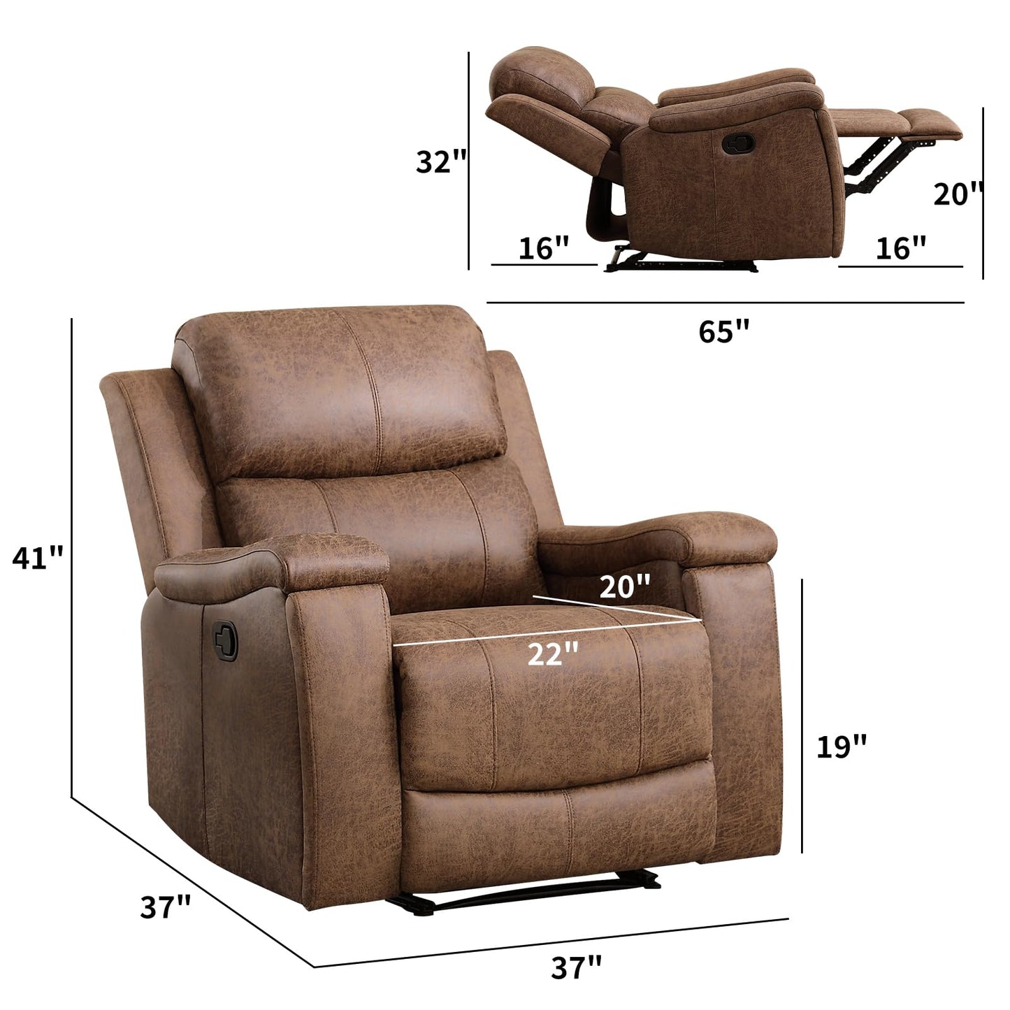 CANMOV Leather Recliner Chair, Classic and Traditional Manual Recliner Chair with Overstuffed Arms and Back, Manual Single Sofa with Concealed Cup Holders,Nut Brown