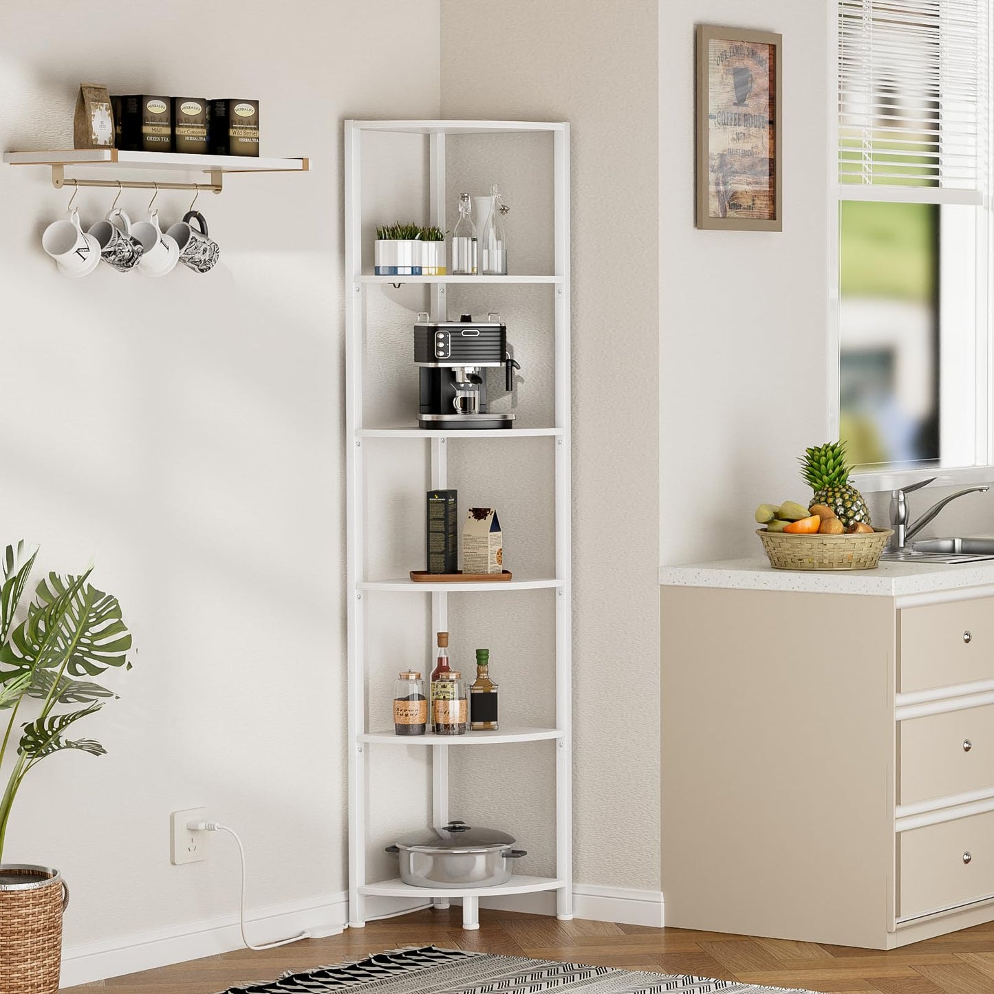 Furnulem 6 Tier Corner Shelf with LED Light, 67.5” Tall Standing Shelf Organizer, White Narrow Bookshelf with Storage Rack for Wall Corner, Living Room, Bedroom, Metal Frame, Wood Display Shelf