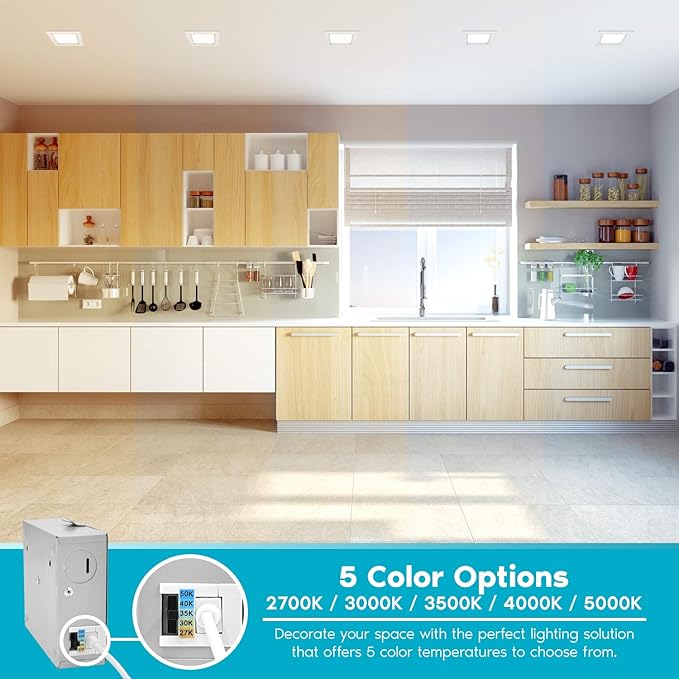 LUXRITE 16 Pack 6 Inch Ultra Thin Square LED Recessed Lighting, 5 Color Options 2700K - 5000K, Dimmable LED Downlight, 12W, IC & Wet Rated, 1000 Lumens, Canless LED Recessed Light, ETL