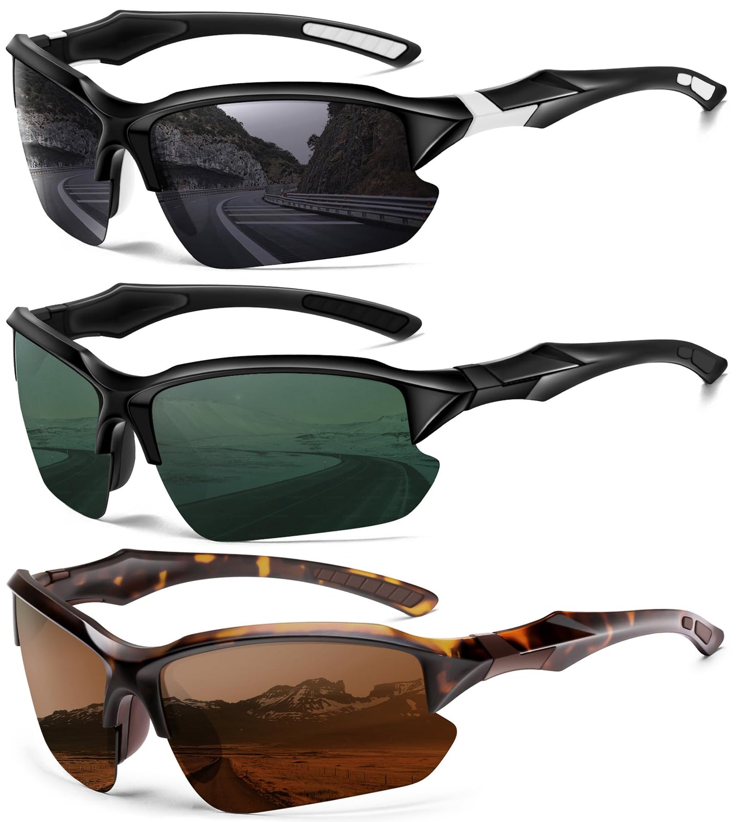 DioKiw 3PACK Sports Polarized Sunglasses for Men Cycling Running Fishing UV400 Protection Sun Glasses Lightweight Half Frame Goggles