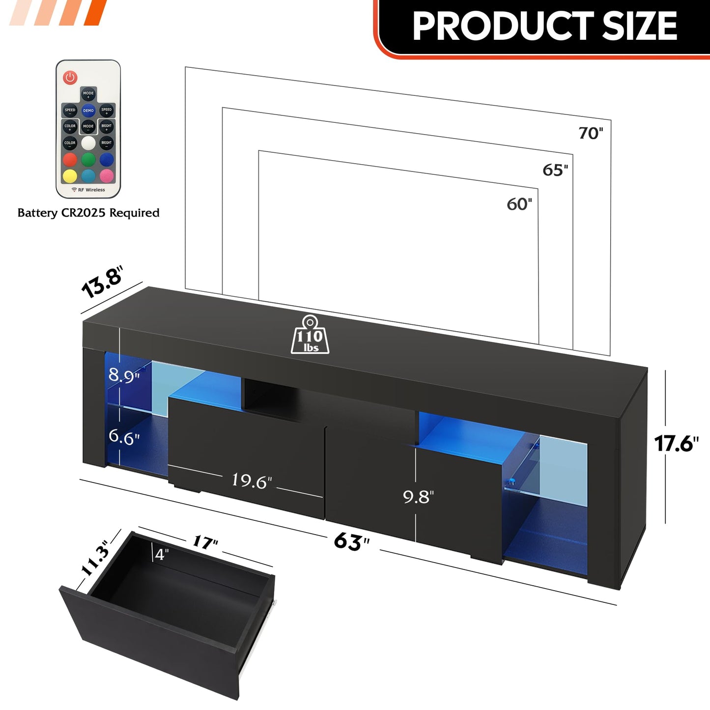 WLIVE 63 Inch TV Stand, LED Entertainment Center for 60 to 70 Inch TV, Modern TV Console with 2 Drawers, TV Stands for Living Room, Black