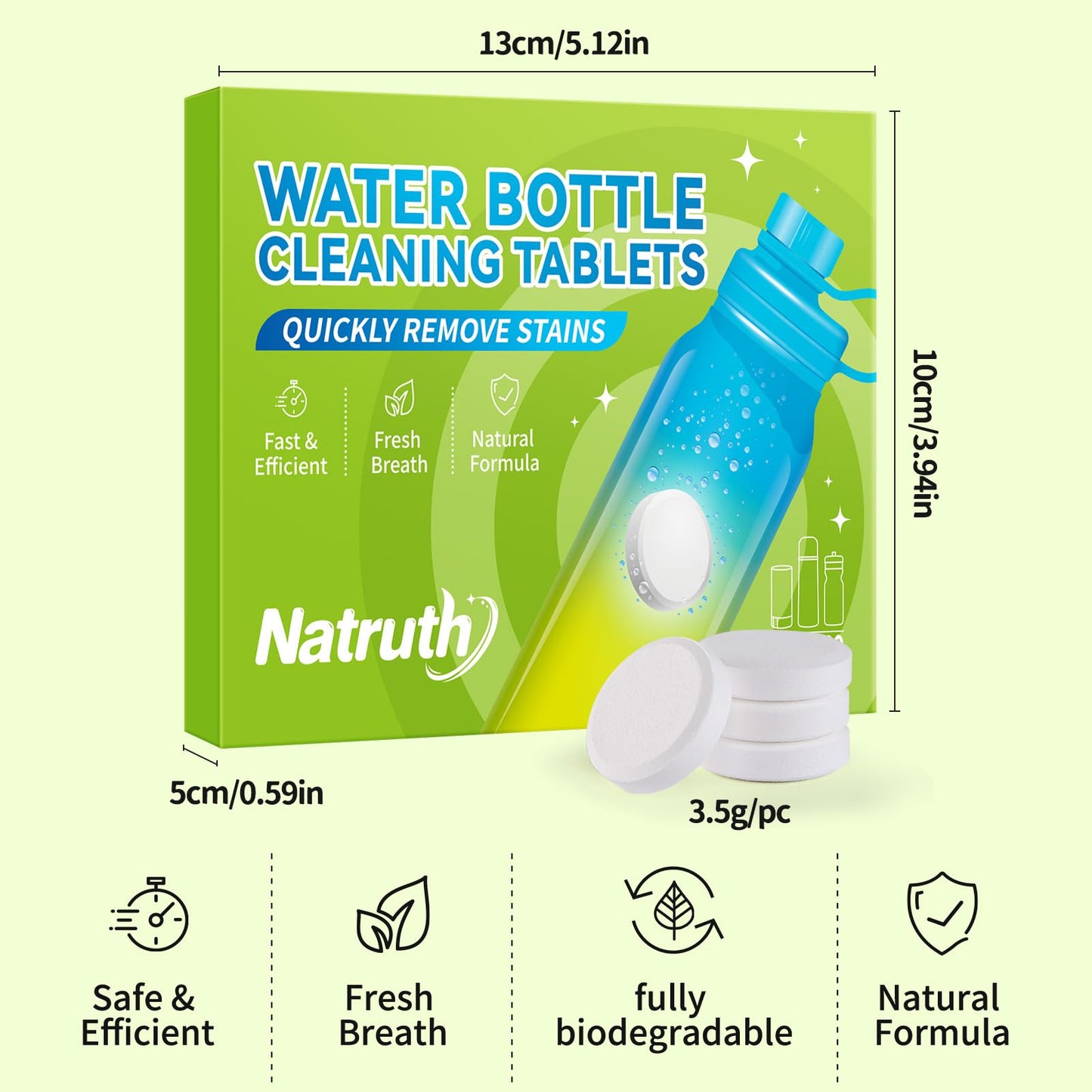 NATRUTH Water Bottle Cleaning Tablets 20 Tablets Effectively Removes Tough Stains and Odors Bottle Clean Tablet Individually Packed for All Stainless Steel, Plastics and Glass Drinking Containers