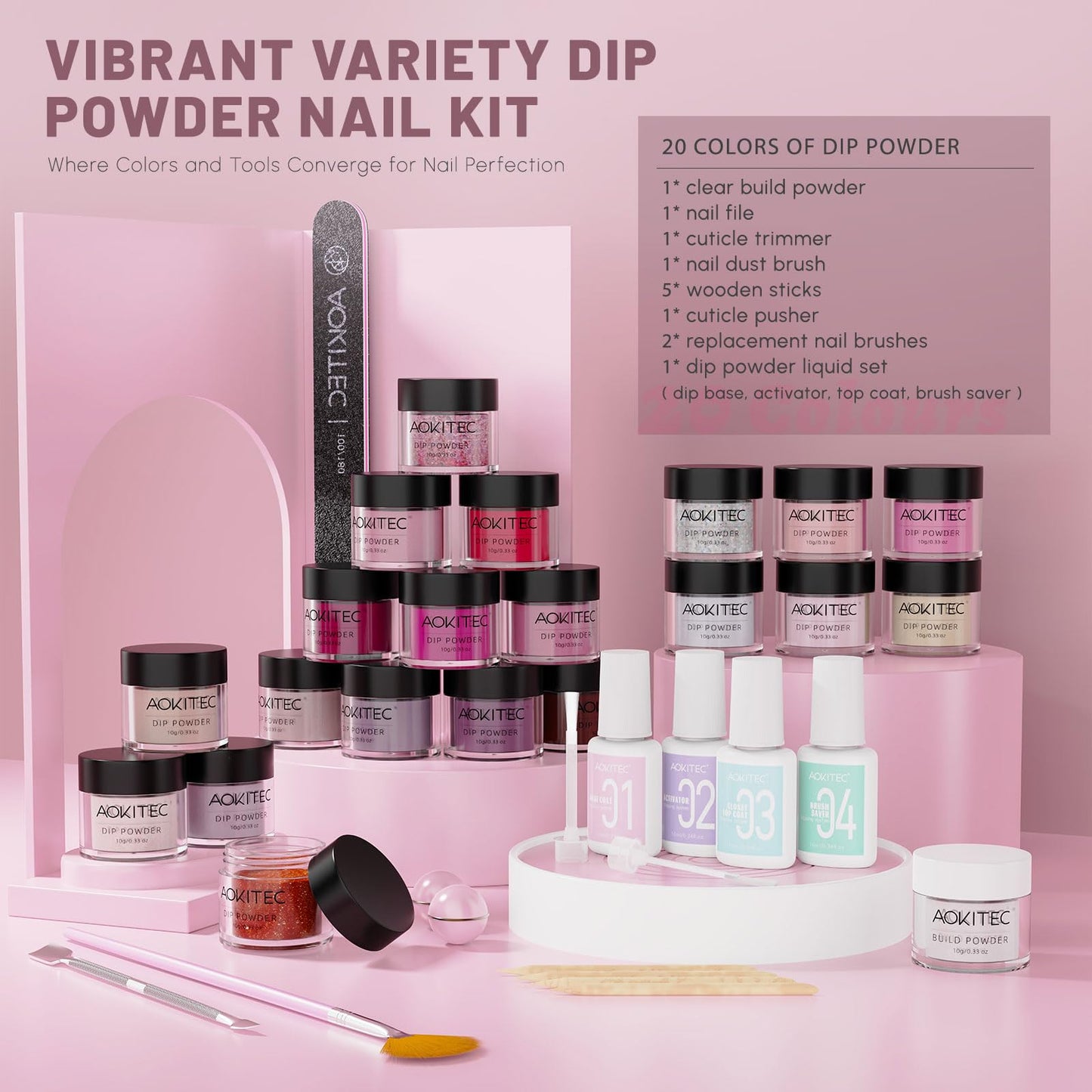 Aokitec 36 Pcs Dip Powder Nail Kit Starter, 20+1 Clear Nude Pink Brown Glitter Colors Dipping Powder Set with Dip Base Activator Top Coat Brush Saver Dip Liquid Set Clear Build Powder for Salon Gift