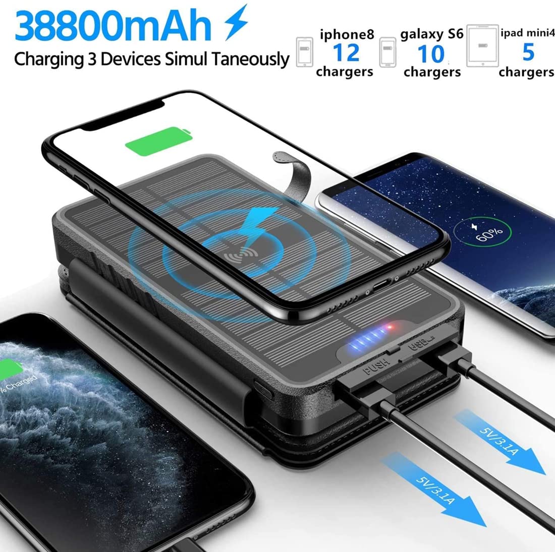QiSa Solar Charger 38800mAh Power Bank with Dual 5V3.1A Outputs 10W Qi Wireless Charger Waterproof Built-in Solar Panel and Bright Flashlights