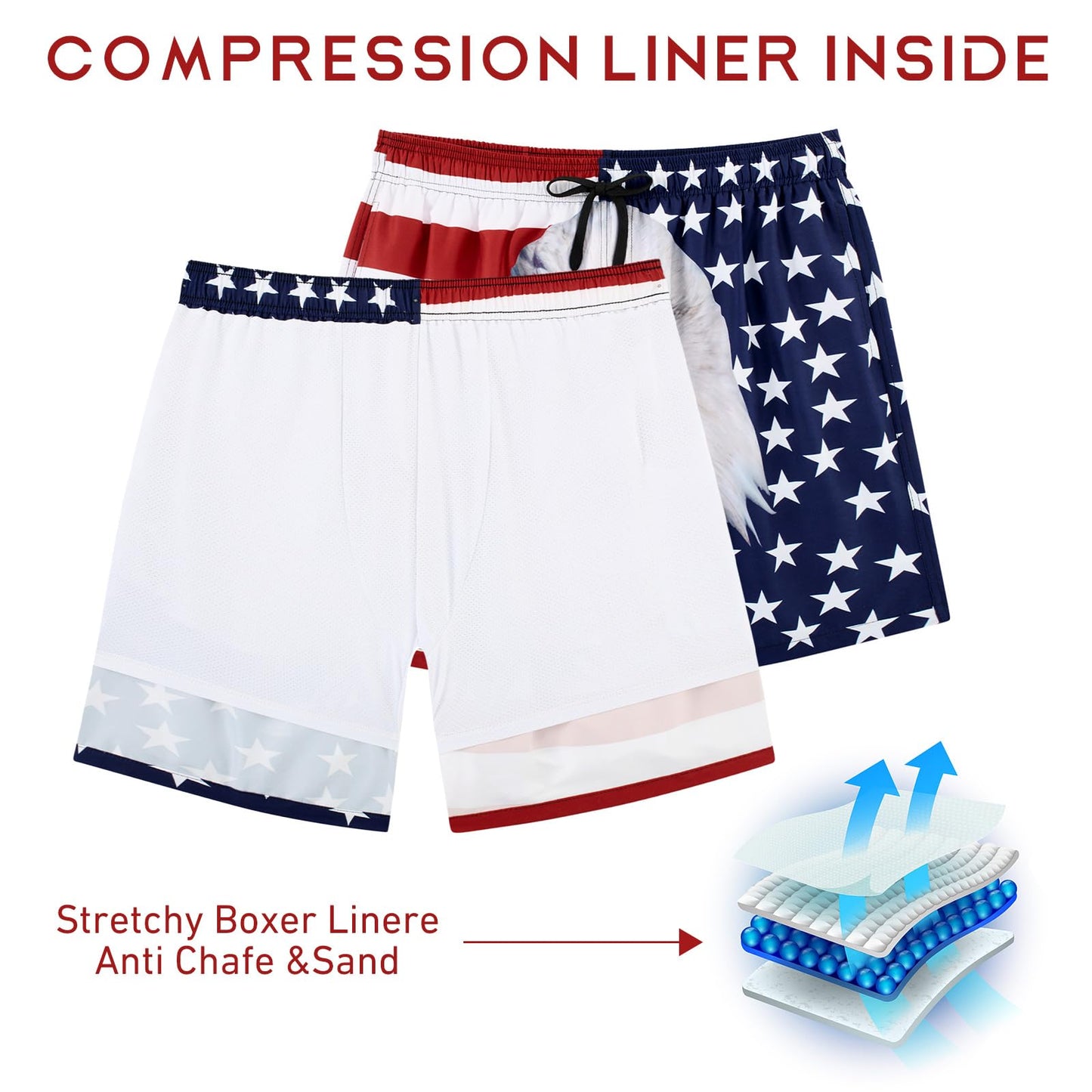 ALISISTER Men American Flag Swim Trunks Compression Liner Fourth of July Board Shorts Independence Day Boardshorts USA Swimsuits Cool Swimwear 7 Inch