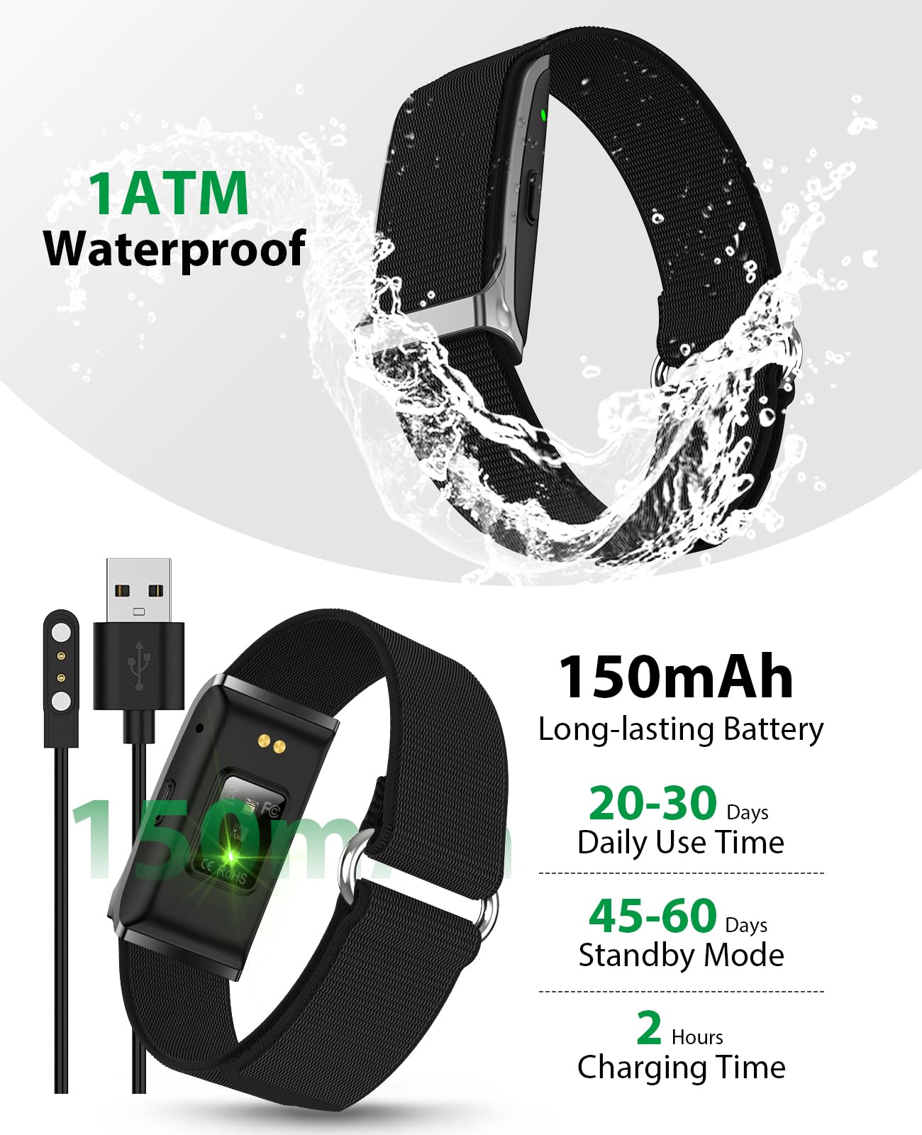 Smart Bracelet, Wearable Activity & Fitness Tracker Band, 24H Sleep Tracker, All-Day Continuous Heart Rate Blood Pressure Stress HRV Monitor, 120+ Sport Modes Smart Wristband with Free APP 2 Bands