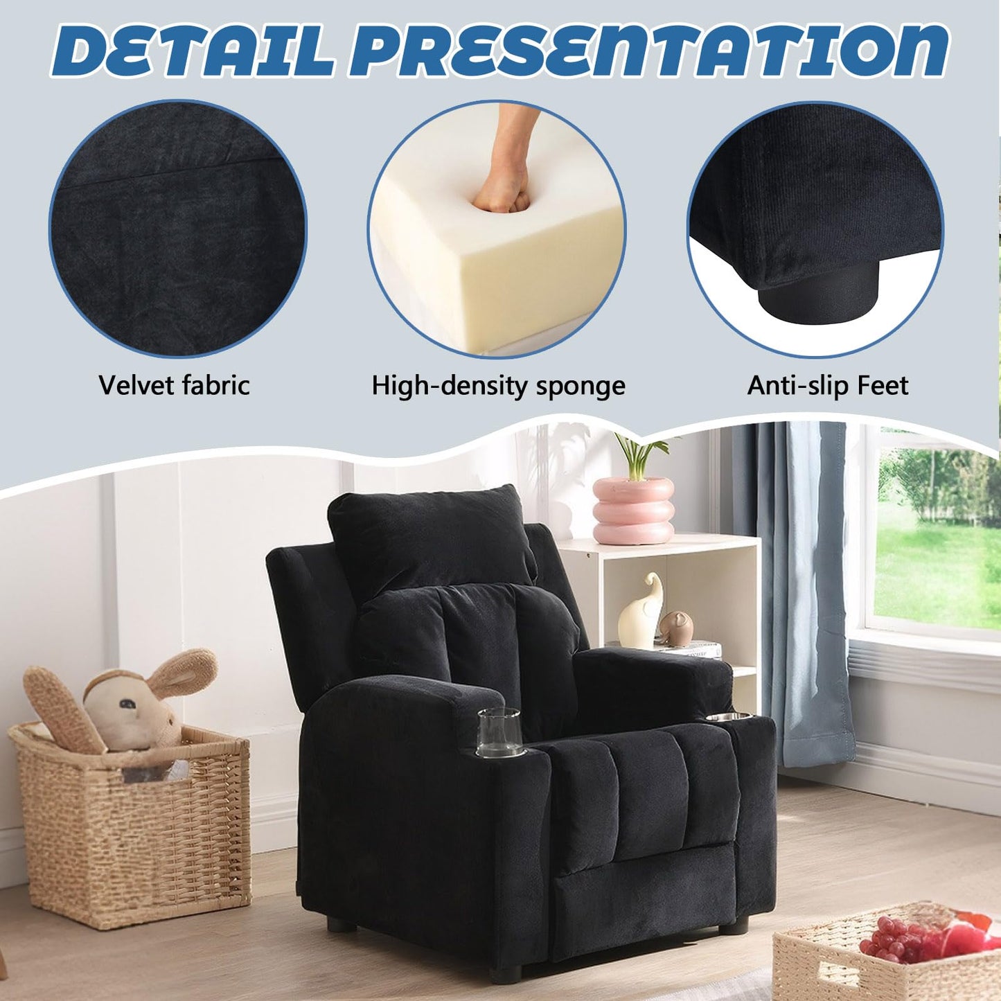 Anwick 2-in-1 Kids Recliner Chair with Cup Holder, Velvet Upholstered Single Sofa with Adjustable Footrest & Backrest, Toddler Recliners for Boys and Girls (Black)