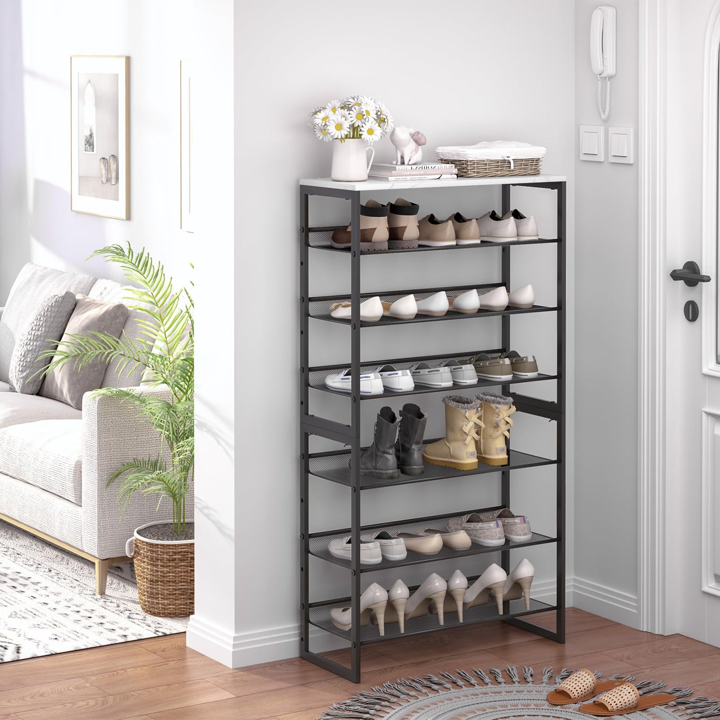 Garden 4 you Shoe Rack 7 Tiers Shoe Storage Organizer,Large Capacity Storage Rack with White Tabletop,Adjustable Metal Shelf Stackable Shoe Shelf for Entryway Hallway Living Room Closet
