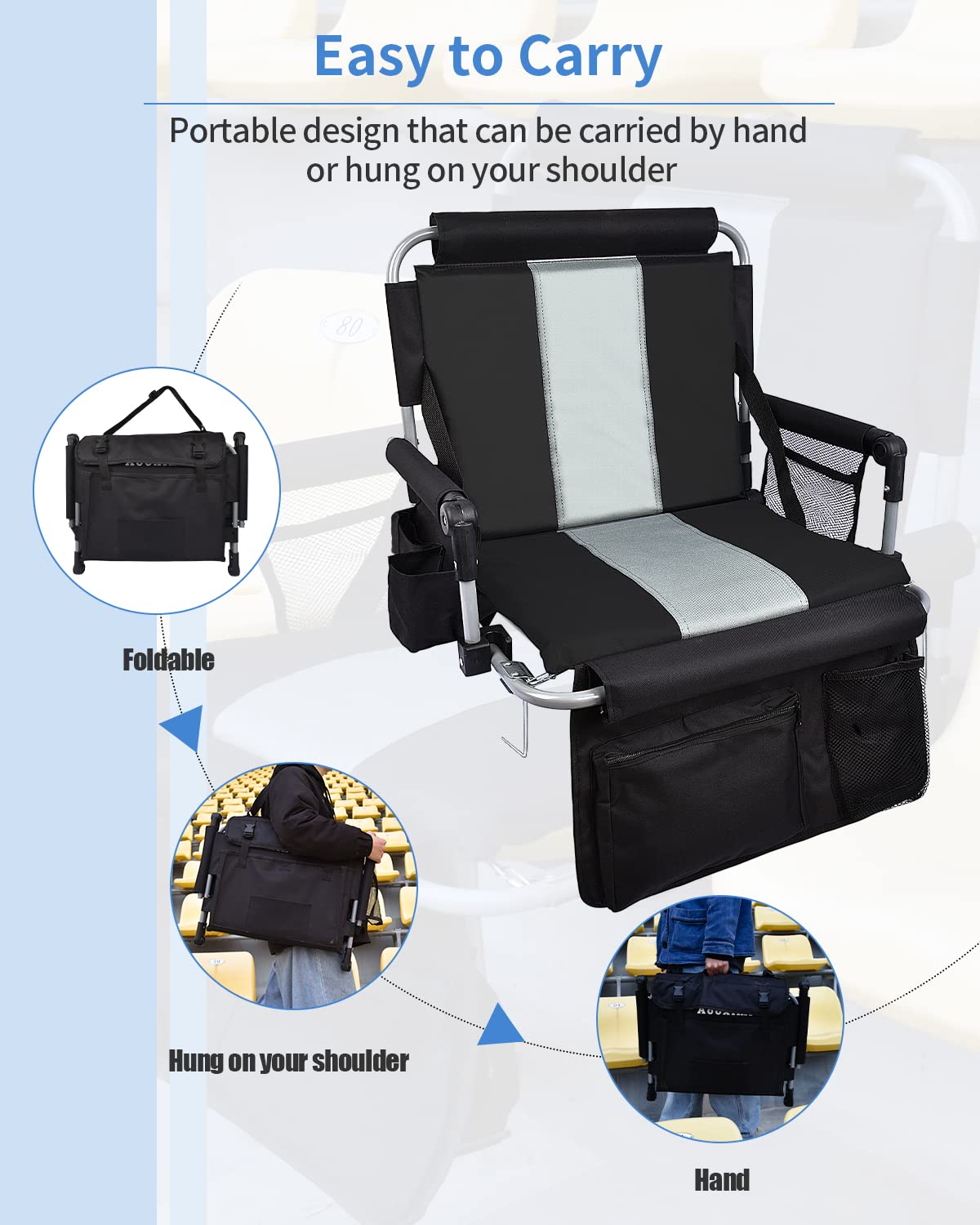 AOOXIMI Stadium Seats for Bleachers with Back Support, Bleacher Seats with Backs and Cushion Wide, Stadium Chairs with Cup Holders, Mesh Bags and Hide Hooks, for Basketball and Football Bench Seats