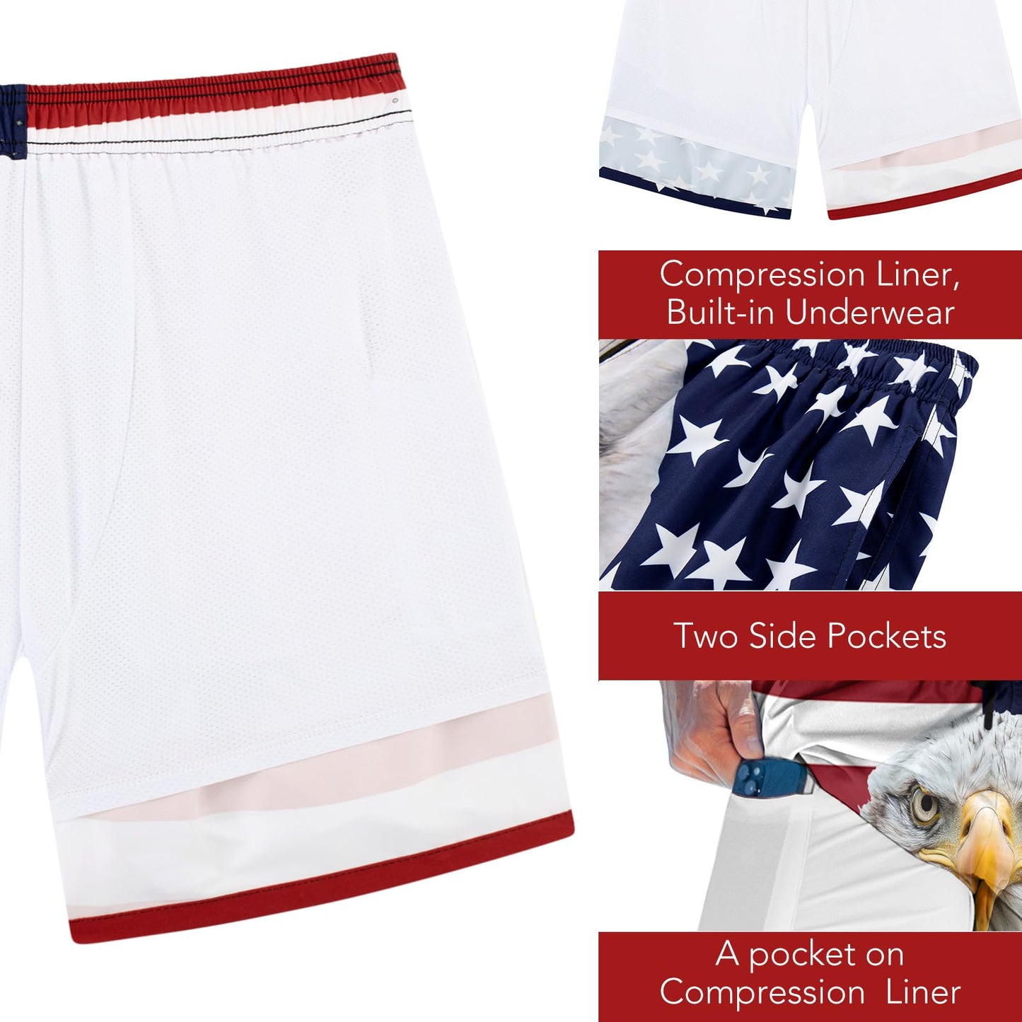 ALISISTER Men American Flag Swim Trunks Compression Liner Fourth of July Board Shorts Independence Day Boardshorts USA Swimsuits Cool Swimwear 7 Inch