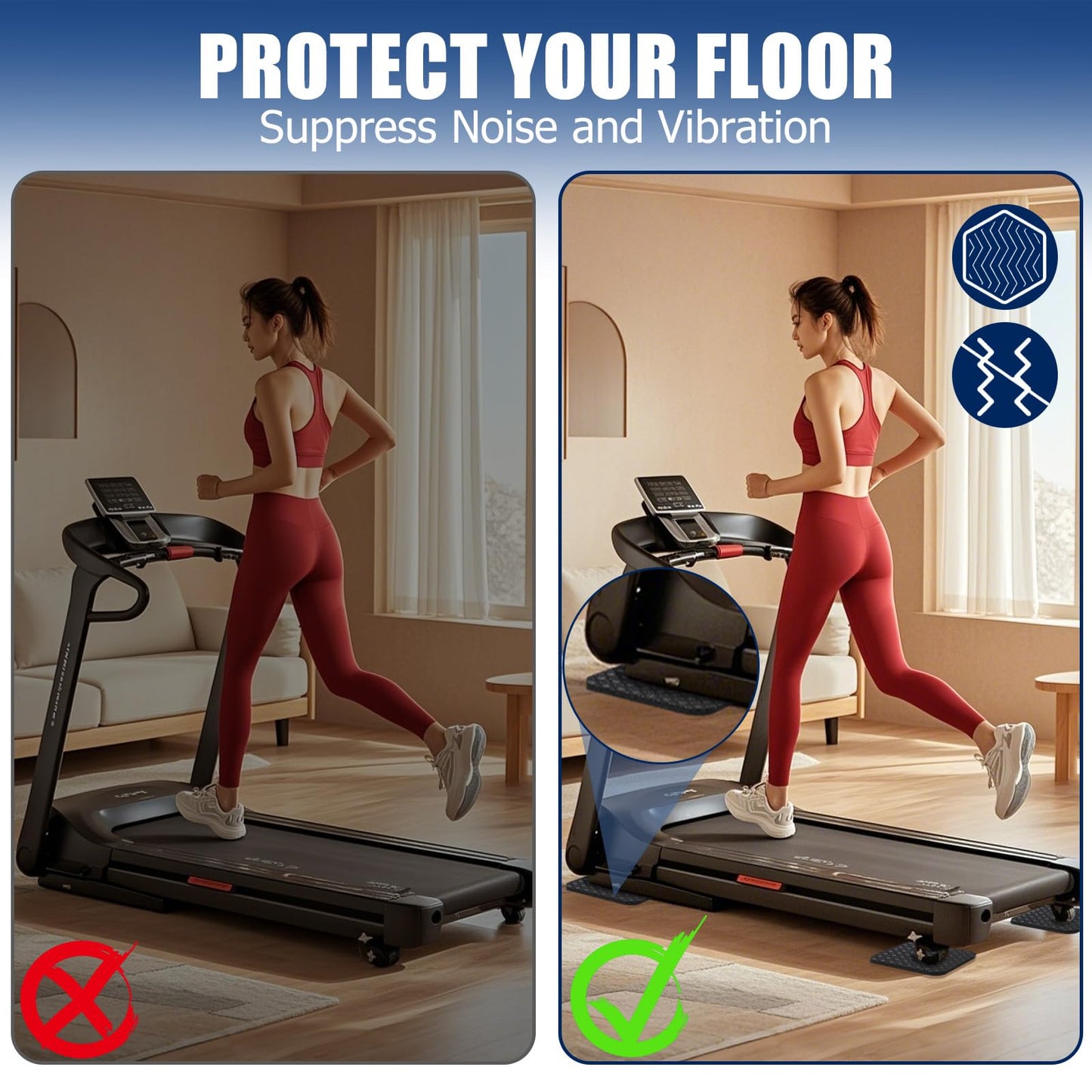 TOBWOLF 6PCS Treadmill Mat Pads, 4" x 4" x 0.2" Double-Sided Non-Slip Exercise Equipment Mat for Floor Protection, High Density Silicone Anti Vibration Pad for Treadmill, Walking Pad, Exercise Bike