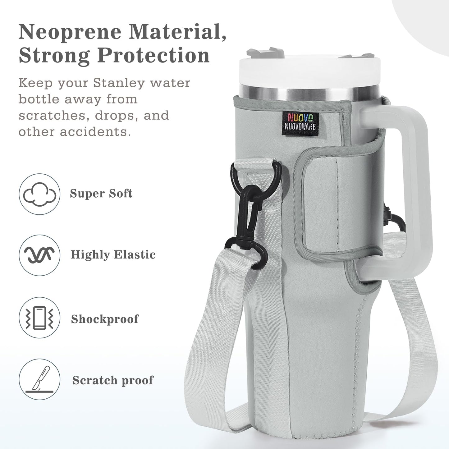 Nuovoware Water Bottle Carrier Bag Fits Stanley 40 Oz Tumbler with Handle, Water Bottle Bag with Adjustable Shoulder Strap, Neoprene Water Bottle Holder for Stanley Water Bottle Accessories, Gray