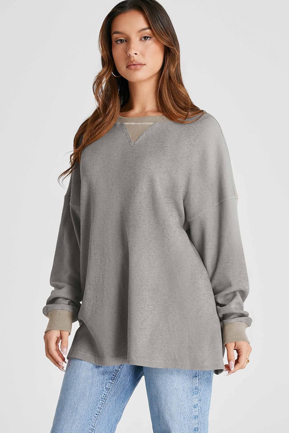 AlvaQ Women Sweatshirt 2024 Casual Long Sleeve Drop Shoulder Waffle Knit Overszied Sweatshirts Pullover Tunic Tops Fall Clothes Grey X-Large